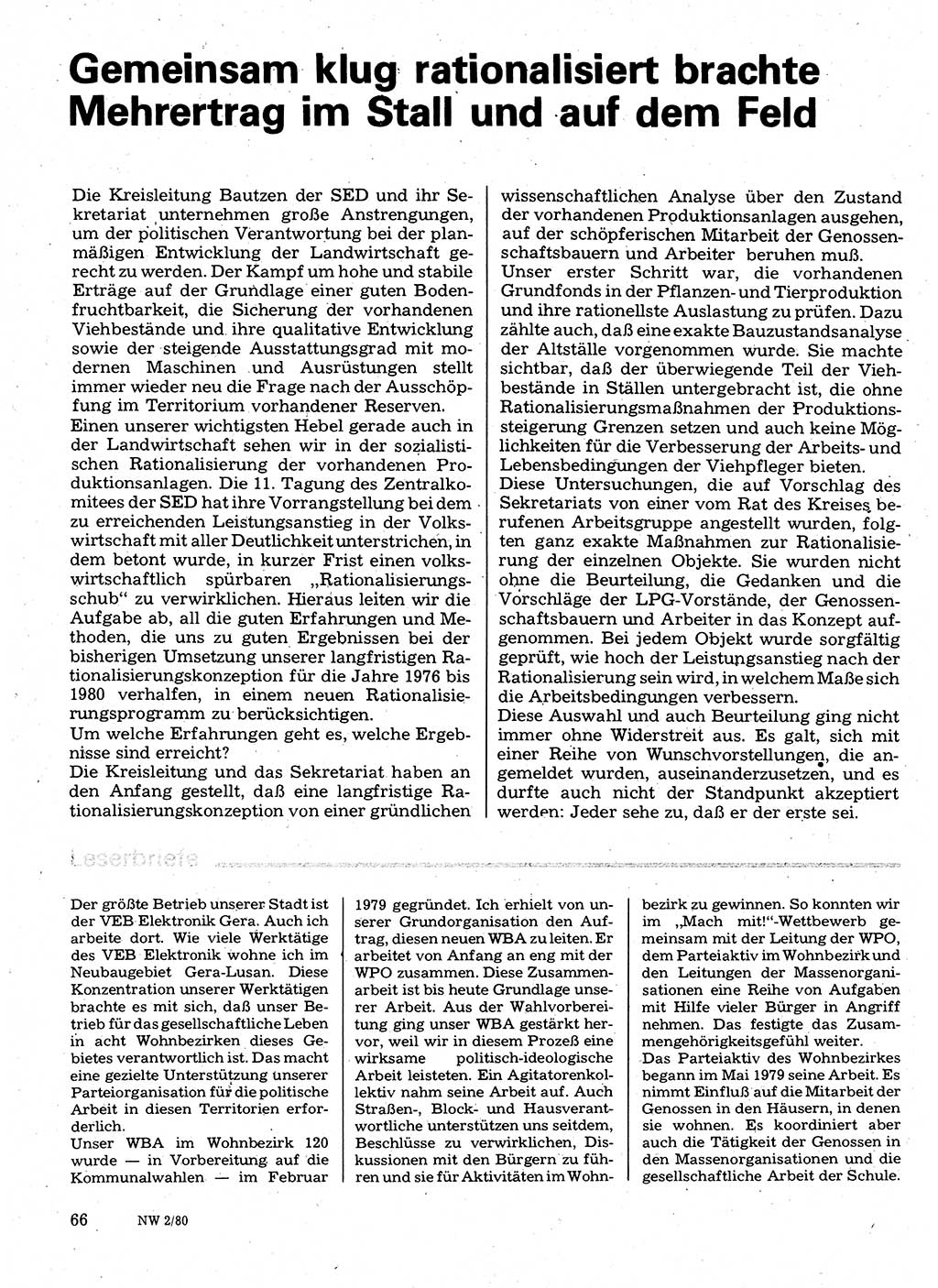 Neuer Weg (NW), Organ des Zentralkomitees (ZK) der SED (Sozialistische Einheitspartei Deutschlands) für Fragen des Parteilebens, 35. Jahrgang [Deutsche Demokratische Republik (DDR)] 1980, Seite 66 (NW ZK SED DDR 1980, S. 66)