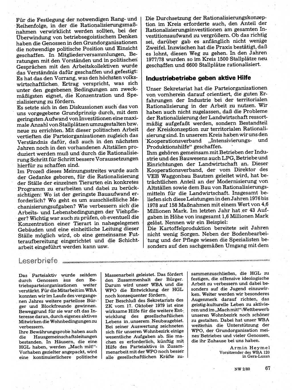 Neuer Weg (NW), Organ des Zentralkomitees (ZK) der SED (Sozialistische Einheitspartei Deutschlands) für Fragen des Parteilebens, 35. Jahrgang [Deutsche Demokratische Republik (DDR)] 1980, Seite 67 (NW ZK SED DDR 1980, S. 67)