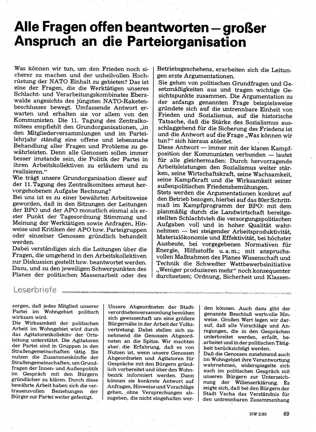 Neuer Weg (NW), Organ des Zentralkomitees (ZK) der SED (Sozialistische Einheitspartei Deutschlands) für Fragen des Parteilebens, 35. Jahrgang [Deutsche Demokratische Republik (DDR)] 1980, Seite 69 (NW ZK SED DDR 1980, S. 69)