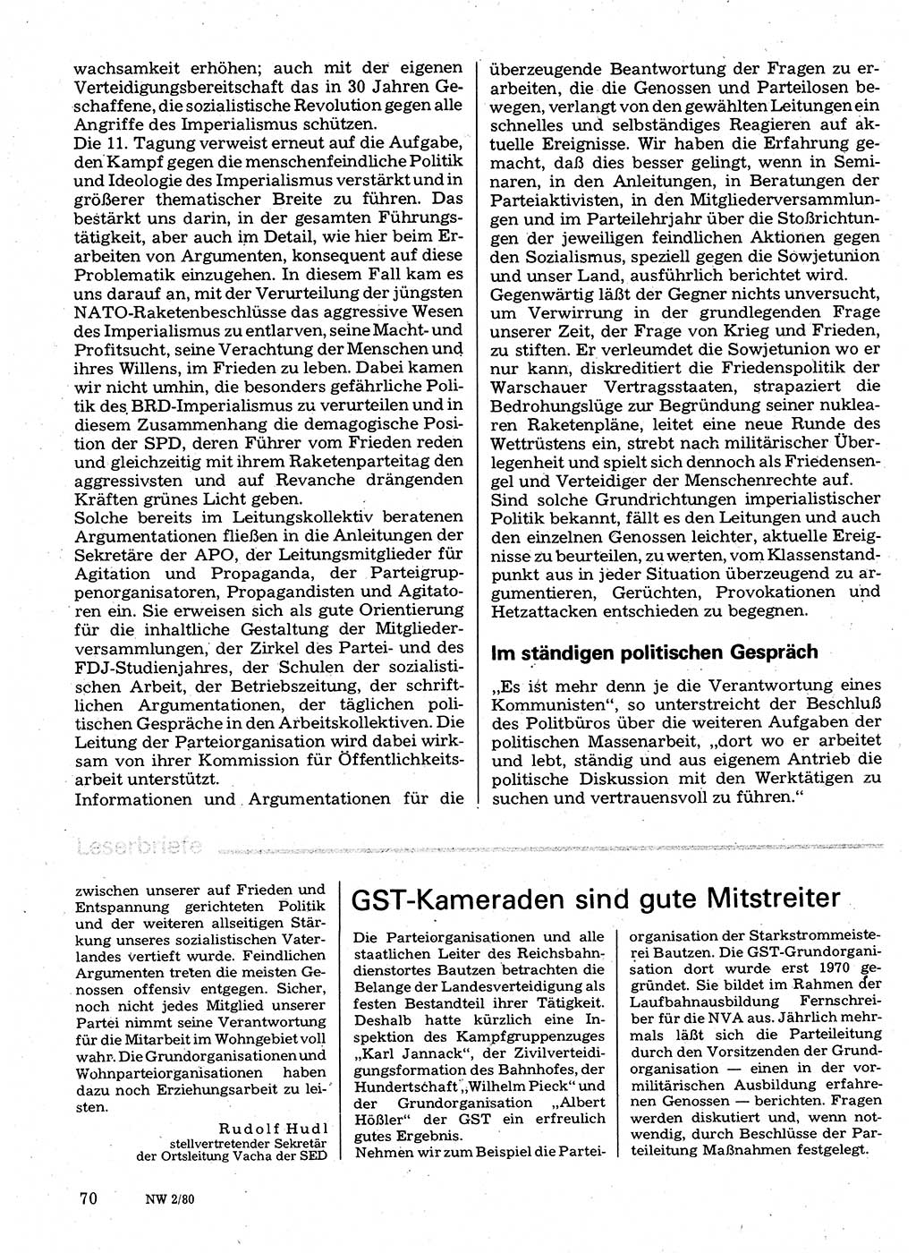 Neuer Weg (NW), Organ des Zentralkomitees (ZK) der SED (Sozialistische Einheitspartei Deutschlands) für Fragen des Parteilebens, 35. Jahrgang [Deutsche Demokratische Republik (DDR)] 1980, Seite 70 (NW ZK SED DDR 1980, S. 70)