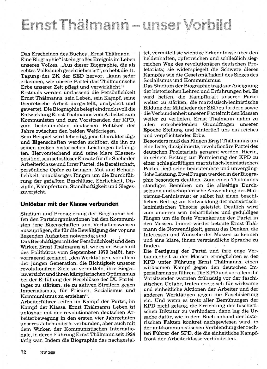 Neuer Weg (NW), Organ des Zentralkomitees (ZK) der SED (Sozialistische Einheitspartei Deutschlands) für Fragen des Parteilebens, 35. Jahrgang [Deutsche Demokratische Republik (DDR)] 1980, Seite 72 (NW ZK SED DDR 1980, S. 72)