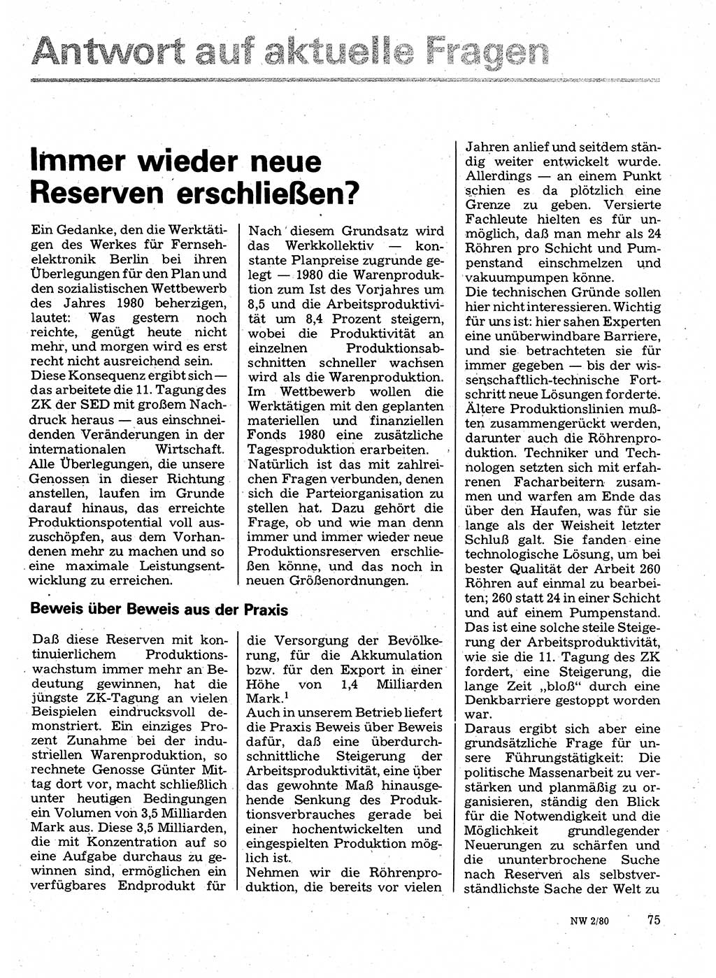 Neuer Weg (NW), Organ des Zentralkomitees (ZK) der SED (Sozialistische Einheitspartei Deutschlands) für Fragen des Parteilebens, 35. Jahrgang [Deutsche Demokratische Republik (DDR)] 1980, Seite 75 (NW ZK SED DDR 1980, S. 75)
