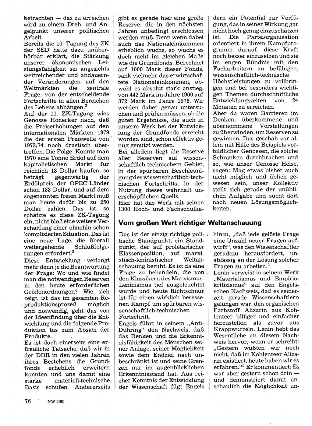 Neuer Weg (NW), Organ des Zentralkomitees (ZK) der SED (Sozialistische Einheitspartei Deutschlands) für Fragen des Parteilebens, 35. Jahrgang [Deutsche Demokratische Republik (DDR)] 1980, Seite 76 (NW ZK SED DDR 1980, S. 76)