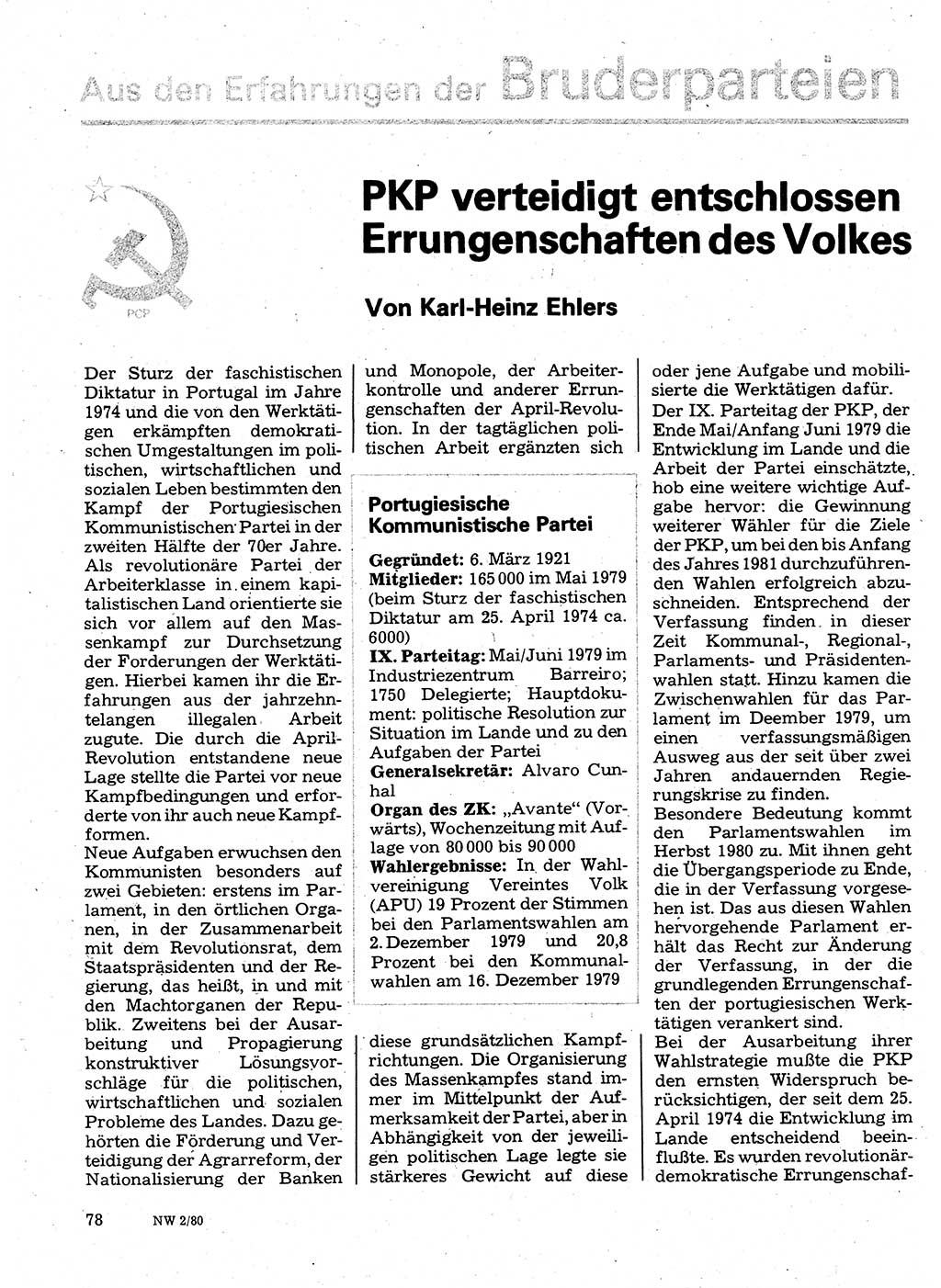 Neuer Weg (NW), Organ des Zentralkomitees (ZK) der SED (Sozialistische Einheitspartei Deutschlands) für Fragen des Parteilebens, 35. Jahrgang [Deutsche Demokratische Republik (DDR)] 1980, Seite 78 (NW ZK SED DDR 1980, S. 78)