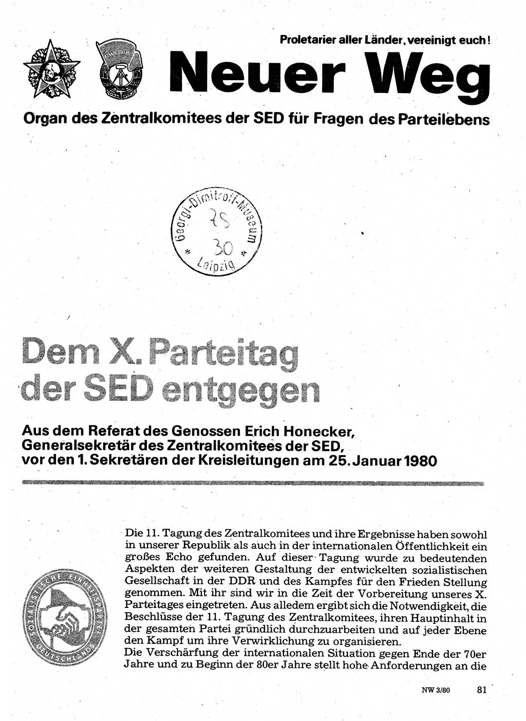 Neuer Weg (NW), Organ des Zentralkomitees (ZK) der SED (Sozialistische Einheitspartei Deutschlands) für Fragen des Parteilebens, 35. Jahrgang [Deutsche Demokratische Republik (DDR)] 1980, Seite 81 (NW ZK SED DDR 1980, S. 81)