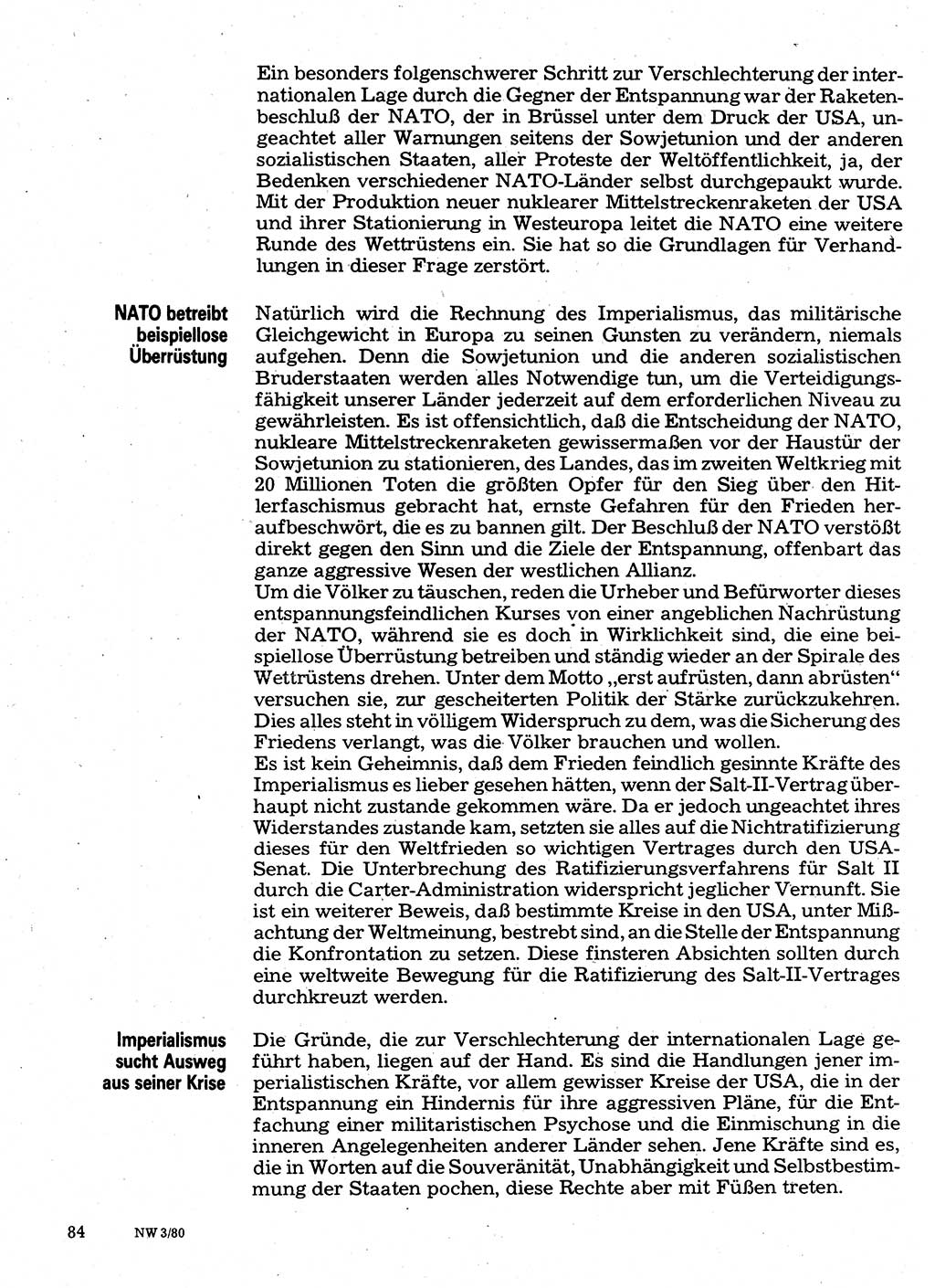 Neuer Weg (NW), Organ des Zentralkomitees (ZK) der SED (Sozialistische Einheitspartei Deutschlands) für Fragen des Parteilebens, 35. Jahrgang [Deutsche Demokratische Republik (DDR)] 1980, Seite 84 (NW ZK SED DDR 1980, S. 84)