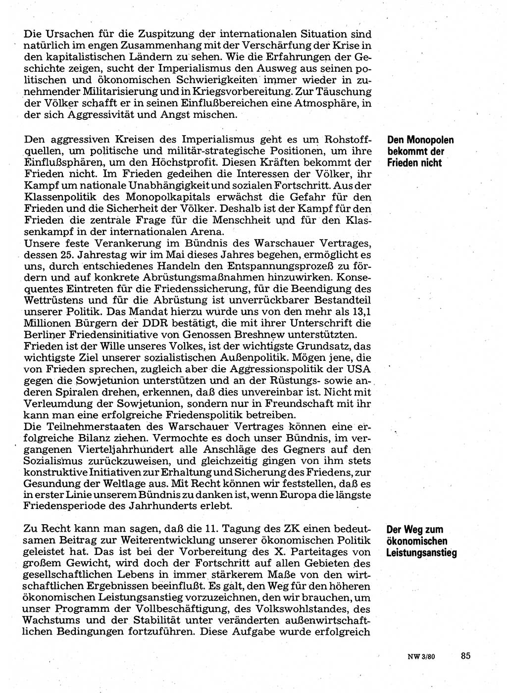 Neuer Weg (NW), Organ des Zentralkomitees (ZK) der SED (Sozialistische Einheitspartei Deutschlands) für Fragen des Parteilebens, 35. Jahrgang [Deutsche Demokratische Republik (DDR)] 1980, Seite 85 (NW ZK SED DDR 1980, S. 85)