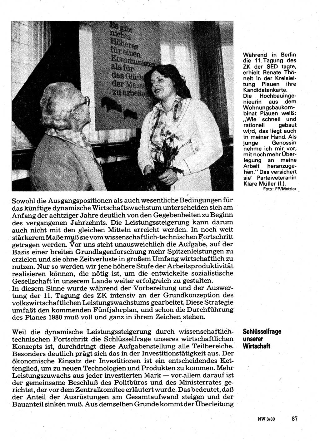 Neuer Weg (NW), Organ des Zentralkomitees (ZK) der SED (Sozialistische Einheitspartei Deutschlands) für Fragen des Parteilebens, 35. Jahrgang [Deutsche Demokratische Republik (DDR)] 1980, Seite 87 (NW ZK SED DDR 1980, S. 87)