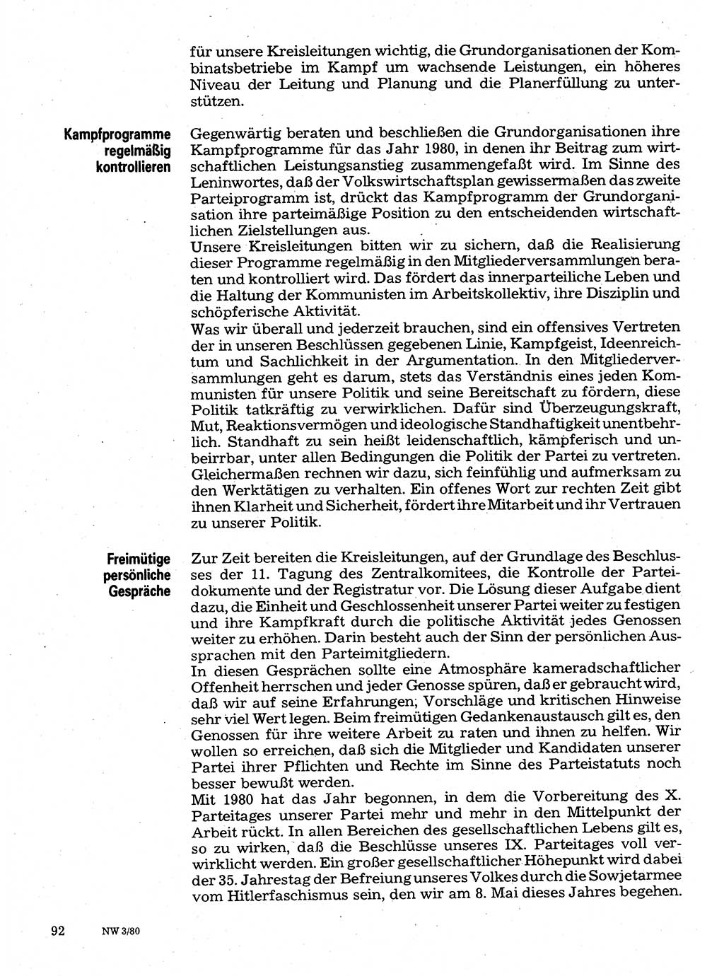 Neuer Weg (NW), Organ des Zentralkomitees (ZK) der SED (Sozialistische Einheitspartei Deutschlands) für Fragen des Parteilebens, 35. Jahrgang [Deutsche Demokratische Republik (DDR)] 1980, Seite 92 (NW ZK SED DDR 1980, S. 92)