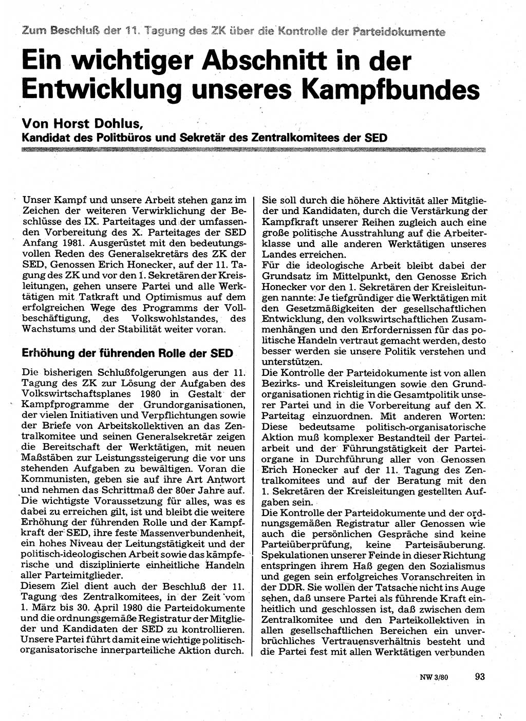 Neuer Weg (NW), Organ des Zentralkomitees (ZK) der SED (Sozialistische Einheitspartei Deutschlands) für Fragen des Parteilebens, 35. Jahrgang [Deutsche Demokratische Republik (DDR)] 1980, Seite 93 (NW ZK SED DDR 1980, S. 93)