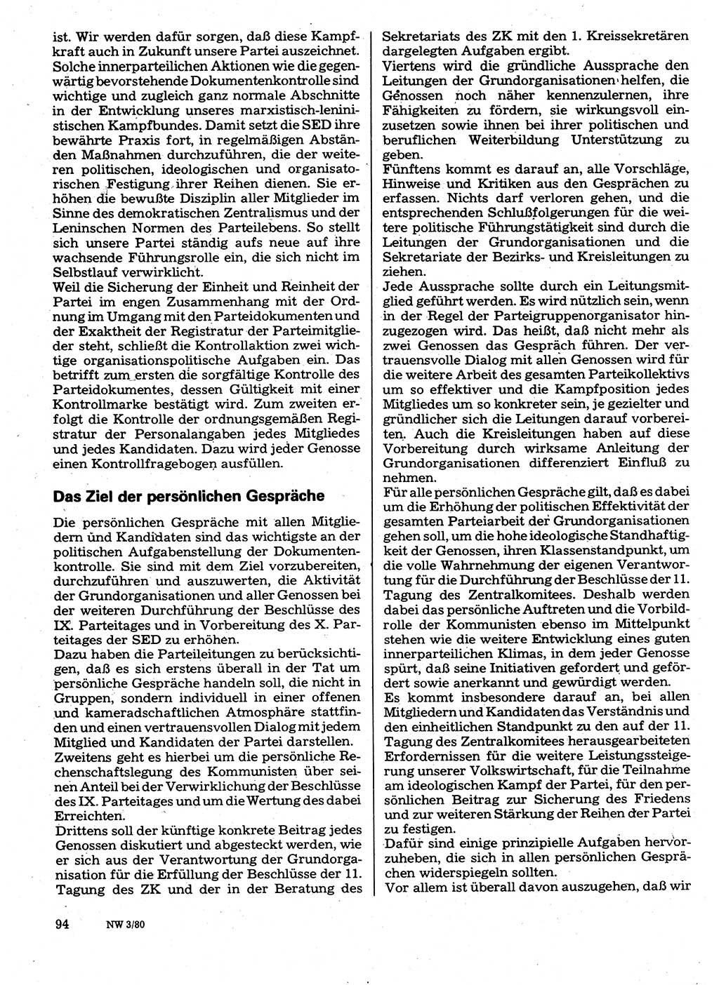 Neuer Weg (NW), Organ des Zentralkomitees (ZK) der SED (Sozialistische Einheitspartei Deutschlands) für Fragen des Parteilebens, 35. Jahrgang [Deutsche Demokratische Republik (DDR)] 1980, Seite 94 (NW ZK SED DDR 1980, S. 94)