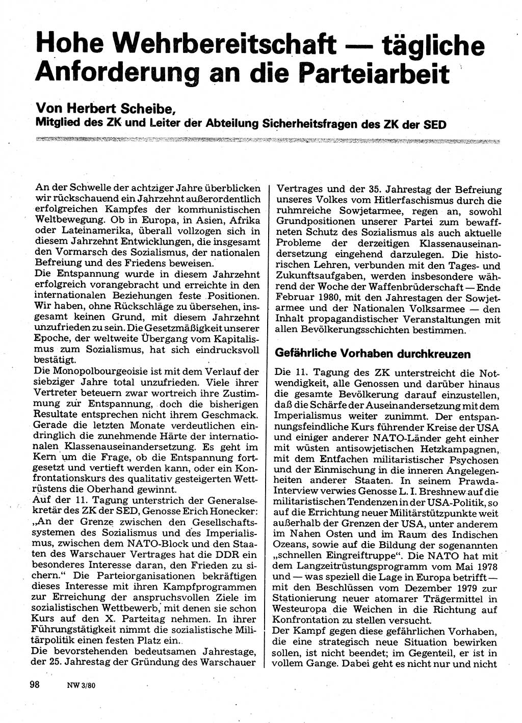 Neuer Weg (NW), Organ des Zentralkomitees (ZK) der SED (Sozialistische Einheitspartei Deutschlands) für Fragen des Parteilebens, 35. Jahrgang [Deutsche Demokratische Republik (DDR)] 1980, Seite 98 (NW ZK SED DDR 1980, S. 98)