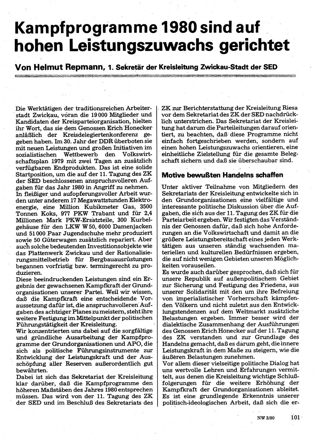 Neuer Weg (NW), Organ des Zentralkomitees (ZK) der SED (Sozialistische Einheitspartei Deutschlands) für Fragen des Parteilebens, 35. Jahrgang [Deutsche Demokratische Republik (DDR)] 1980, Seite 101 (NW ZK SED DDR 1980, S. 101)