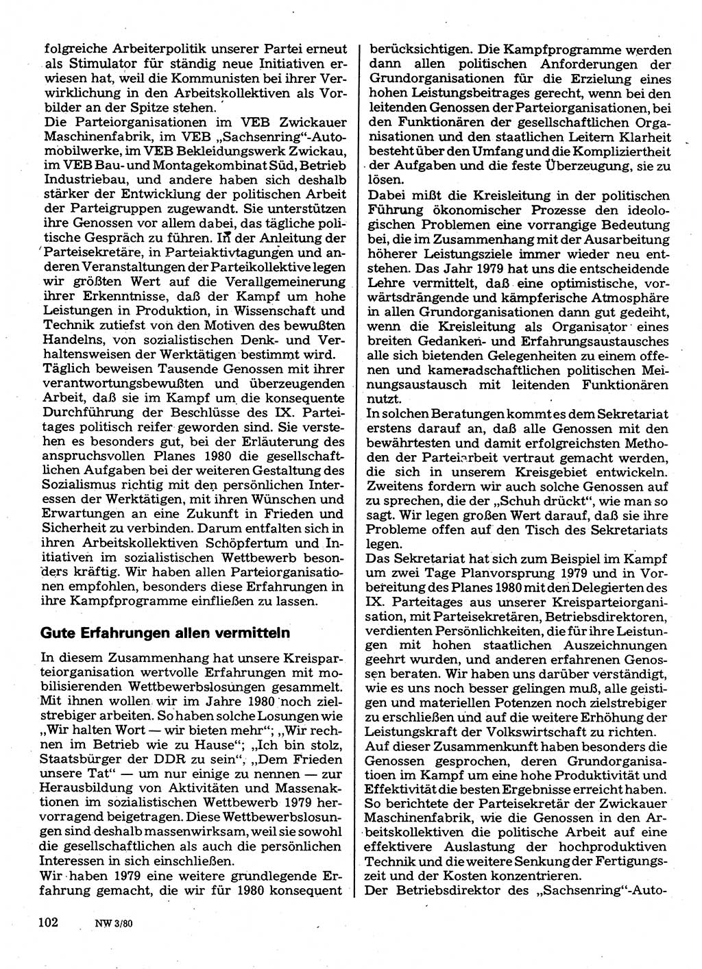 Neuer Weg (NW), Organ des Zentralkomitees (ZK) der SED (Sozialistische Einheitspartei Deutschlands) für Fragen des Parteilebens, 35. Jahrgang [Deutsche Demokratische Republik (DDR)] 1980, Seite 102 (NW ZK SED DDR 1980, S. 102)