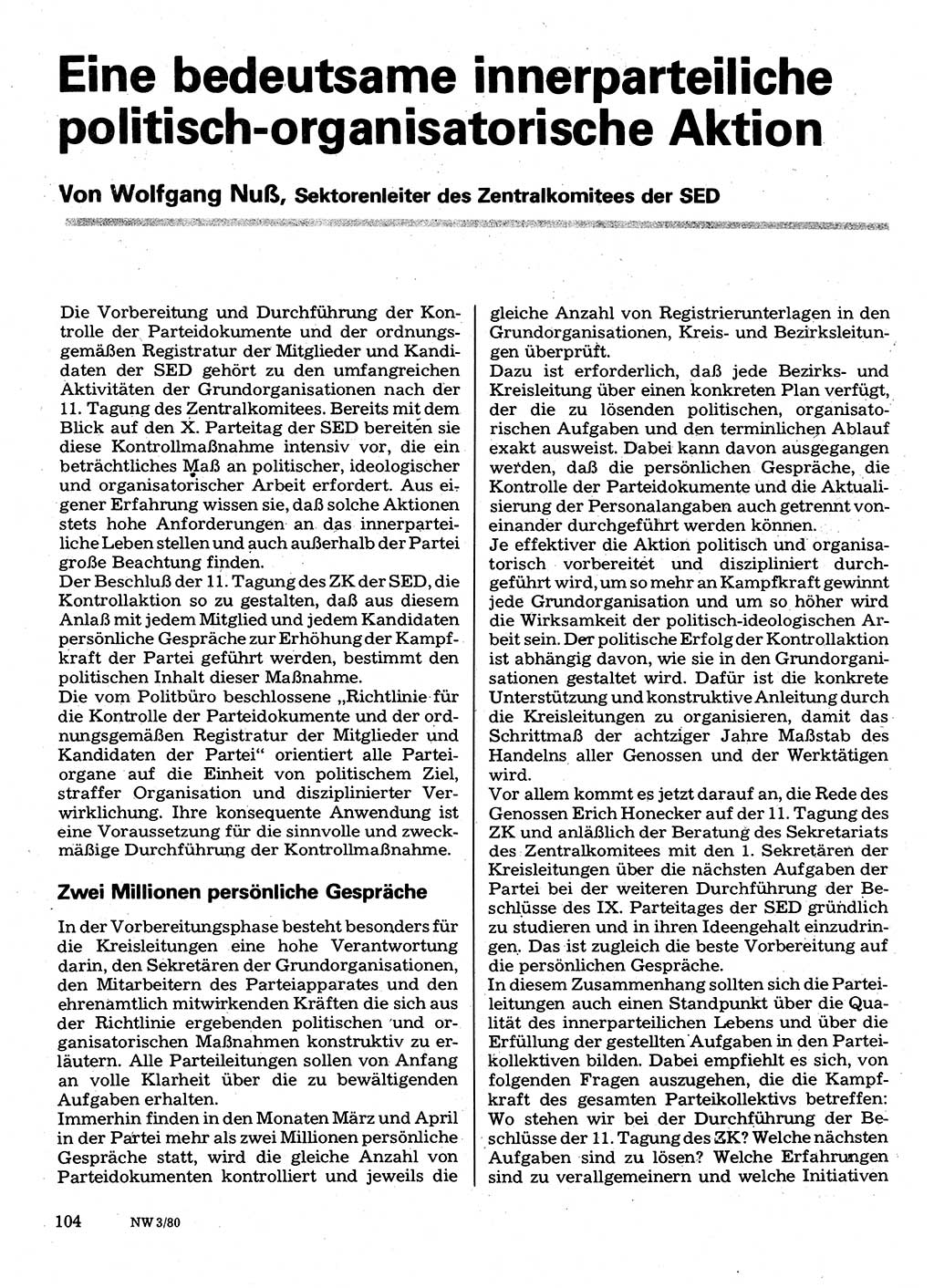 Neuer Weg (NW), Organ des Zentralkomitees (ZK) der SED (Sozialistische Einheitspartei Deutschlands) für Fragen des Parteilebens, 35. Jahrgang [Deutsche Demokratische Republik (DDR)] 1980, Seite 104 (NW ZK SED DDR 1980, S. 104)