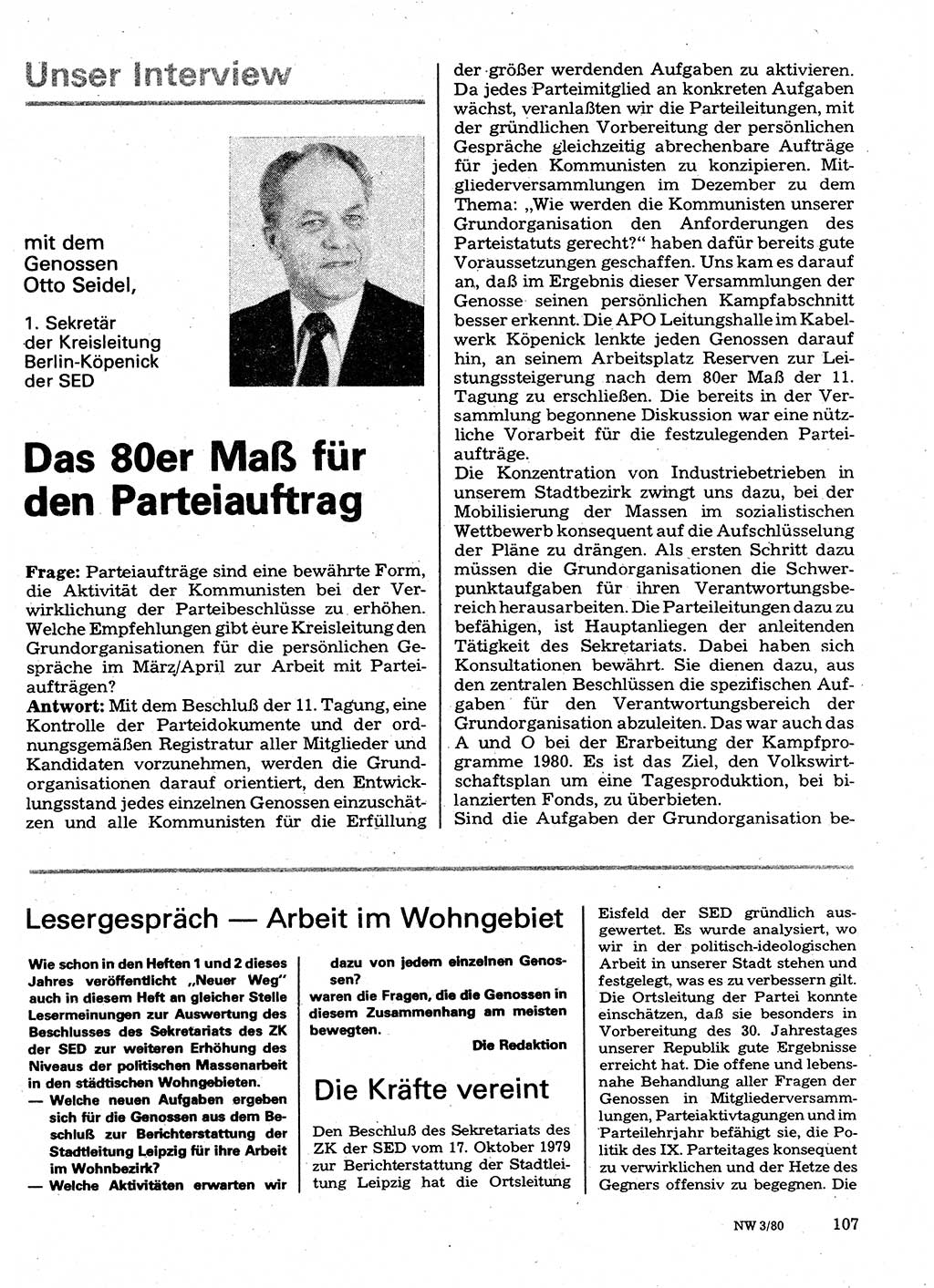 Neuer Weg (NW), Organ des Zentralkomitees (ZK) der SED (Sozialistische Einheitspartei Deutschlands) für Fragen des Parteilebens, 35. Jahrgang [Deutsche Demokratische Republik (DDR)] 1980, Seite 107 (NW ZK SED DDR 1980, S. 107)