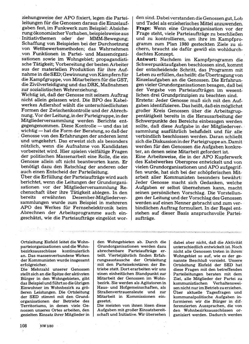 Neuer Weg (NW), Organ des Zentralkomitees (ZK) der SED (Sozialistische Einheitspartei Deutschlands) für Fragen des Parteilebens, 35. Jahrgang [Deutsche Demokratische Republik (DDR)] 1980, Seite 108 (NW ZK SED DDR 1980, S. 108)