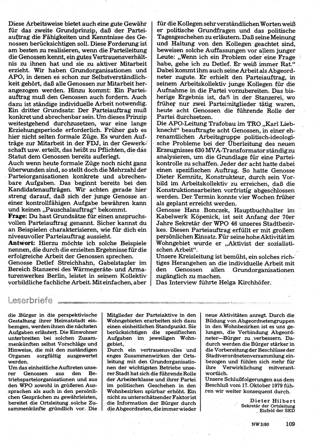 Neuer Weg (NW), Organ des Zentralkomitees (ZK) der SED (Sozialistische Einheitspartei Deutschlands) für Fragen des Parteilebens, 35. Jahrgang [Deutsche Demokratische Republik (DDR)] 1980, Seite 109 (NW ZK SED DDR 1980, S. 109)