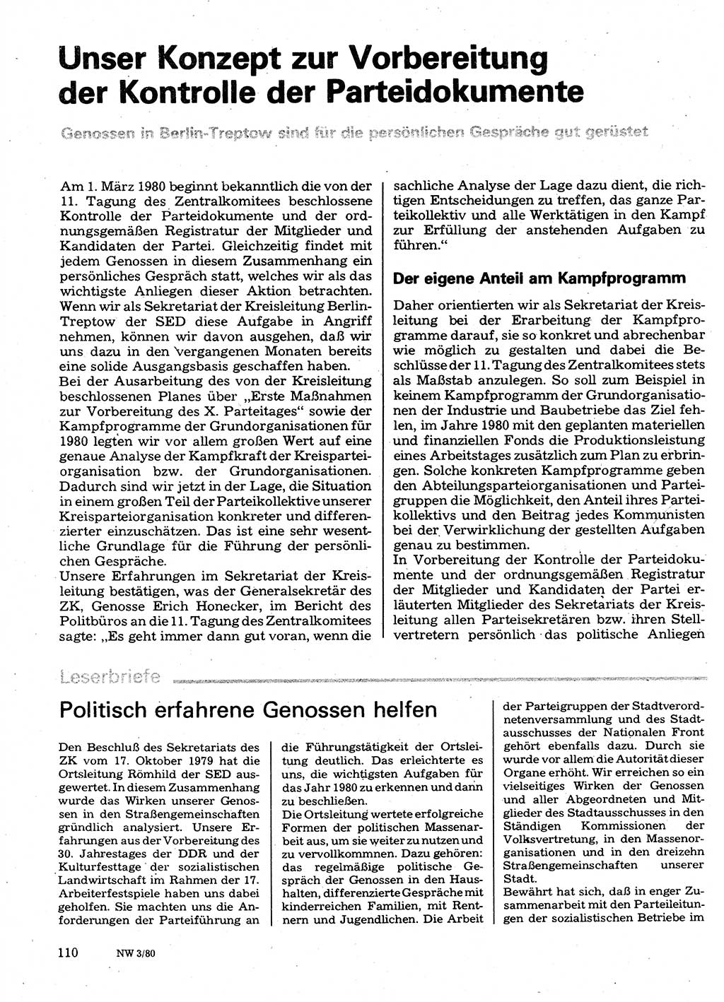 Neuer Weg (NW), Organ des Zentralkomitees (ZK) der SED (Sozialistische Einheitspartei Deutschlands) für Fragen des Parteilebens, 35. Jahrgang [Deutsche Demokratische Republik (DDR)] 1980, Seite 110 (NW ZK SED DDR 1980, S. 110)