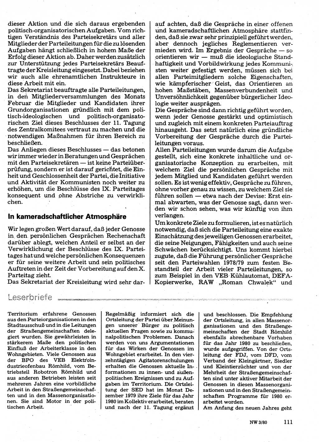 Neuer Weg (NW), Organ des Zentralkomitees (ZK) der SED (Sozialistische Einheitspartei Deutschlands) für Fragen des Parteilebens, 35. Jahrgang [Deutsche Demokratische Republik (DDR)] 1980, Seite 111 (NW ZK SED DDR 1980, S. 111)