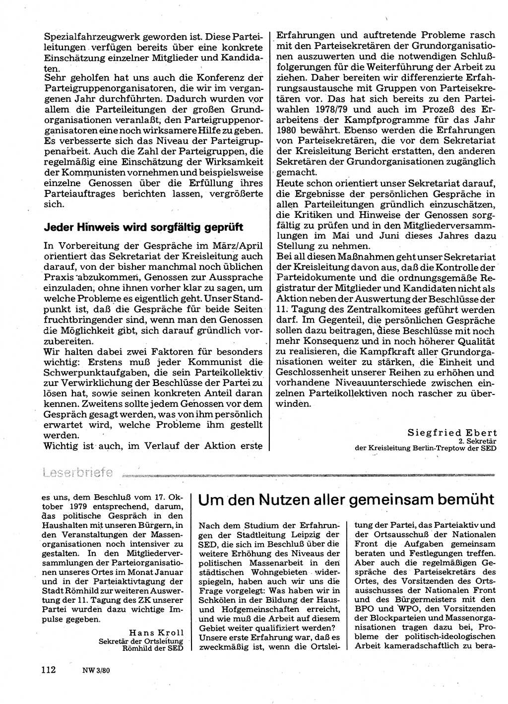 Neuer Weg (NW), Organ des Zentralkomitees (ZK) der SED (Sozialistische Einheitspartei Deutschlands) für Fragen des Parteilebens, 35. Jahrgang [Deutsche Demokratische Republik (DDR)] 1980, Seite 112 (NW ZK SED DDR 1980, S. 112)