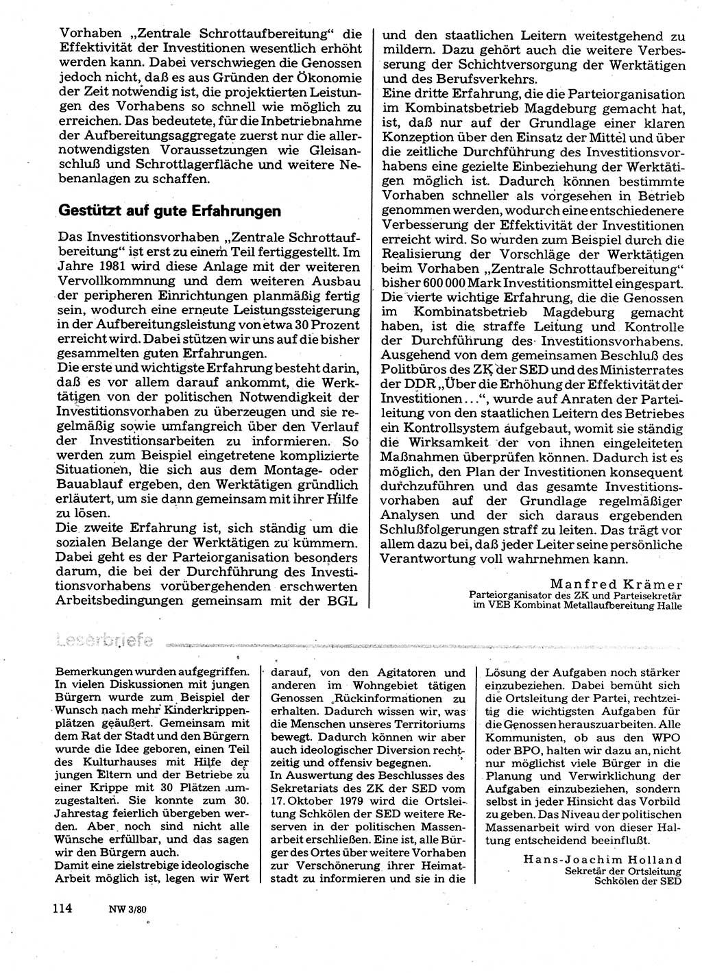 Neuer Weg (NW), Organ des Zentralkomitees (ZK) der SED (Sozialistische Einheitspartei Deutschlands) für Fragen des Parteilebens, 35. Jahrgang [Deutsche Demokratische Republik (DDR)] 1980, Seite 114 (NW ZK SED DDR 1980, S. 114)