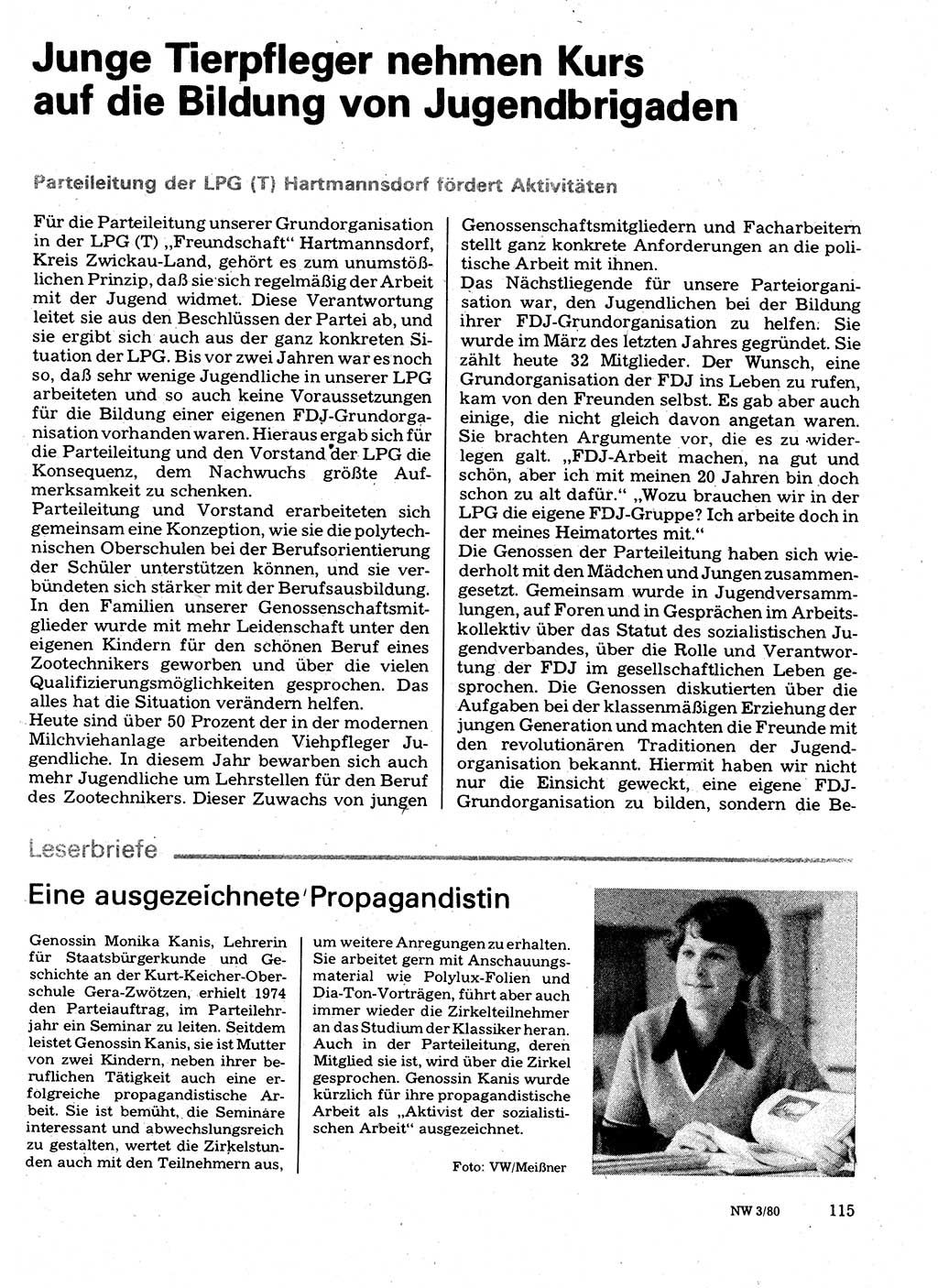 Neuer Weg (NW), Organ des Zentralkomitees (ZK) der SED (Sozialistische Einheitspartei Deutschlands) für Fragen des Parteilebens, 35. Jahrgang [Deutsche Demokratische Republik (DDR)] 1980, Seite 115 (NW ZK SED DDR 1980, S. 115)