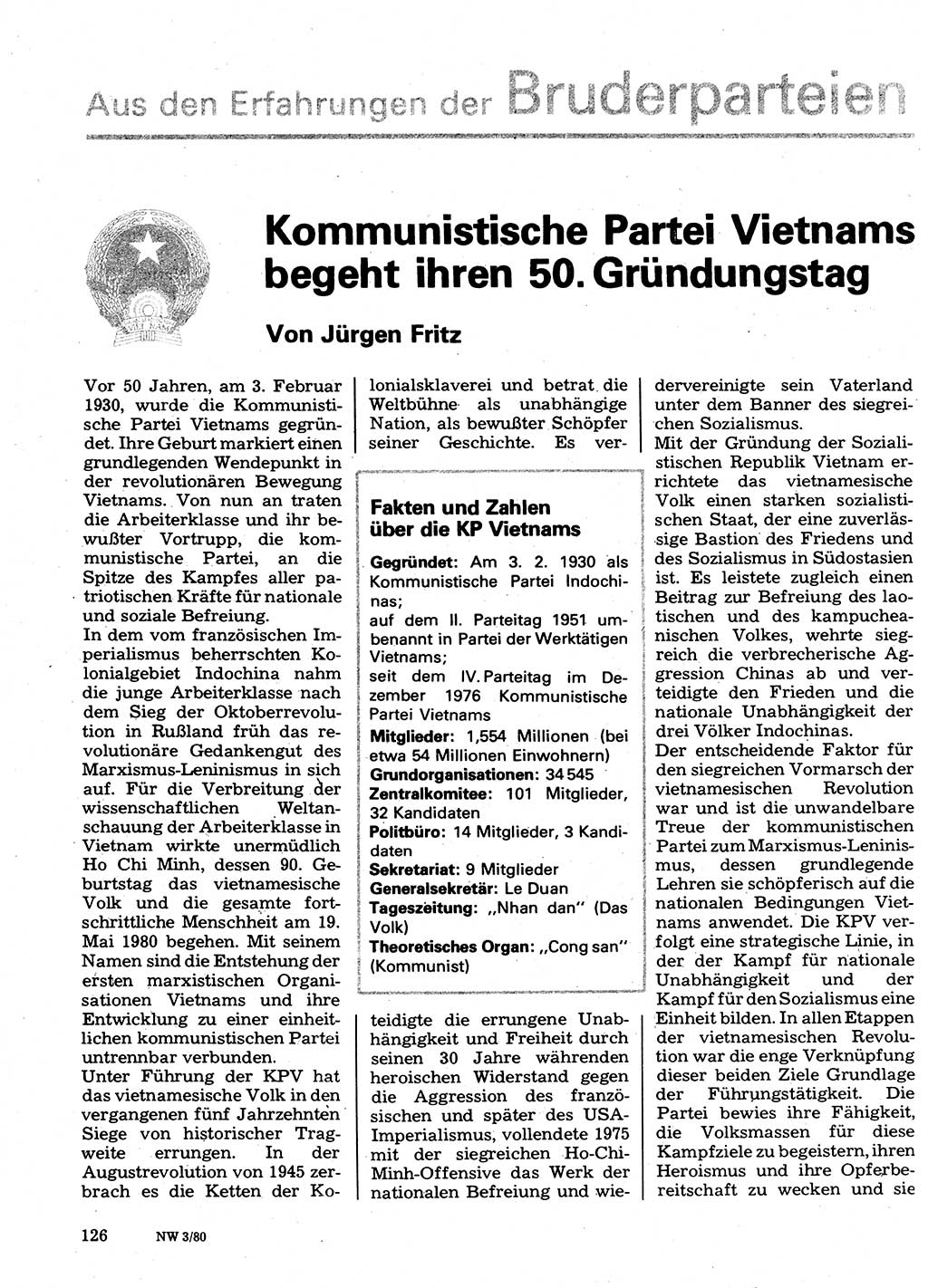 Neuer Weg (NW), Organ des Zentralkomitees (ZK) der SED (Sozialistische Einheitspartei Deutschlands) für Fragen des Parteilebens, 35. Jahrgang [Deutsche Demokratische Republik (DDR)] 1980, Seite 126 (NW ZK SED DDR 1980, S. 126)