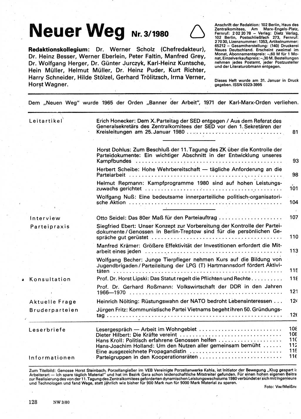 Neuer Weg (NW), Organ des Zentralkomitees (ZK) der SED (Sozialistische Einheitspartei Deutschlands) für Fragen des Parteilebens, 35. Jahrgang [Deutsche Demokratische Republik (DDR)] 1980, Seite 128 (NW ZK SED DDR 1980, S. 128)