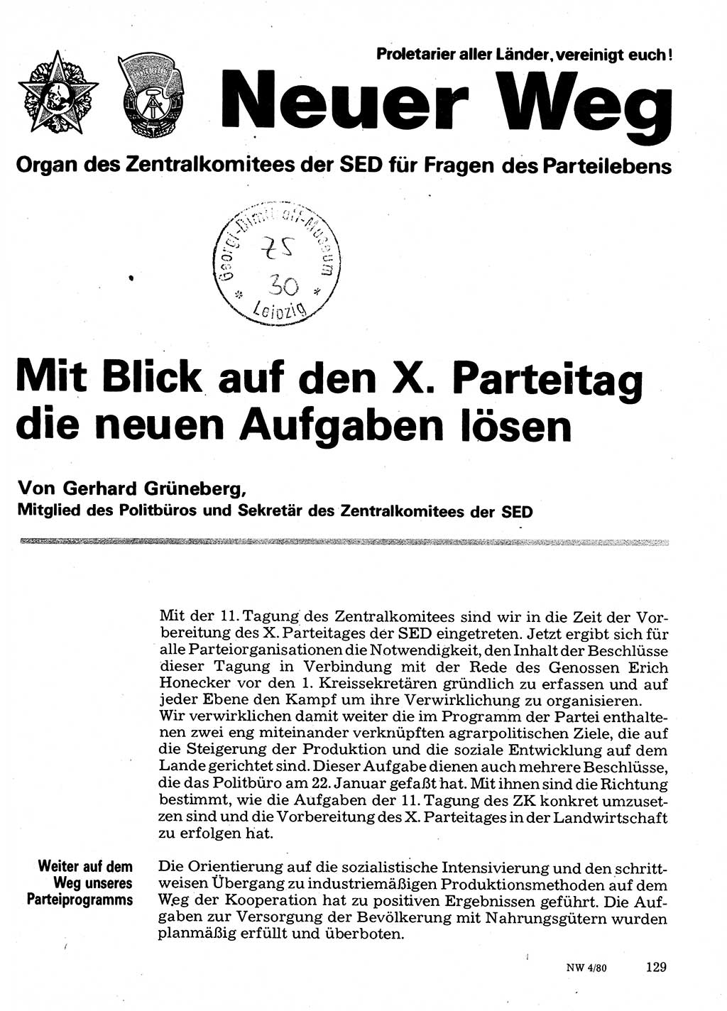 Neuer Weg (NW), Organ des Zentralkomitees (ZK) der SED (Sozialistische Einheitspartei Deutschlands) für Fragen des Parteilebens, 35. Jahrgang [Deutsche Demokratische Republik (DDR)] 1980, Seite 129 (NW ZK SED DDR 1980, S. 129)