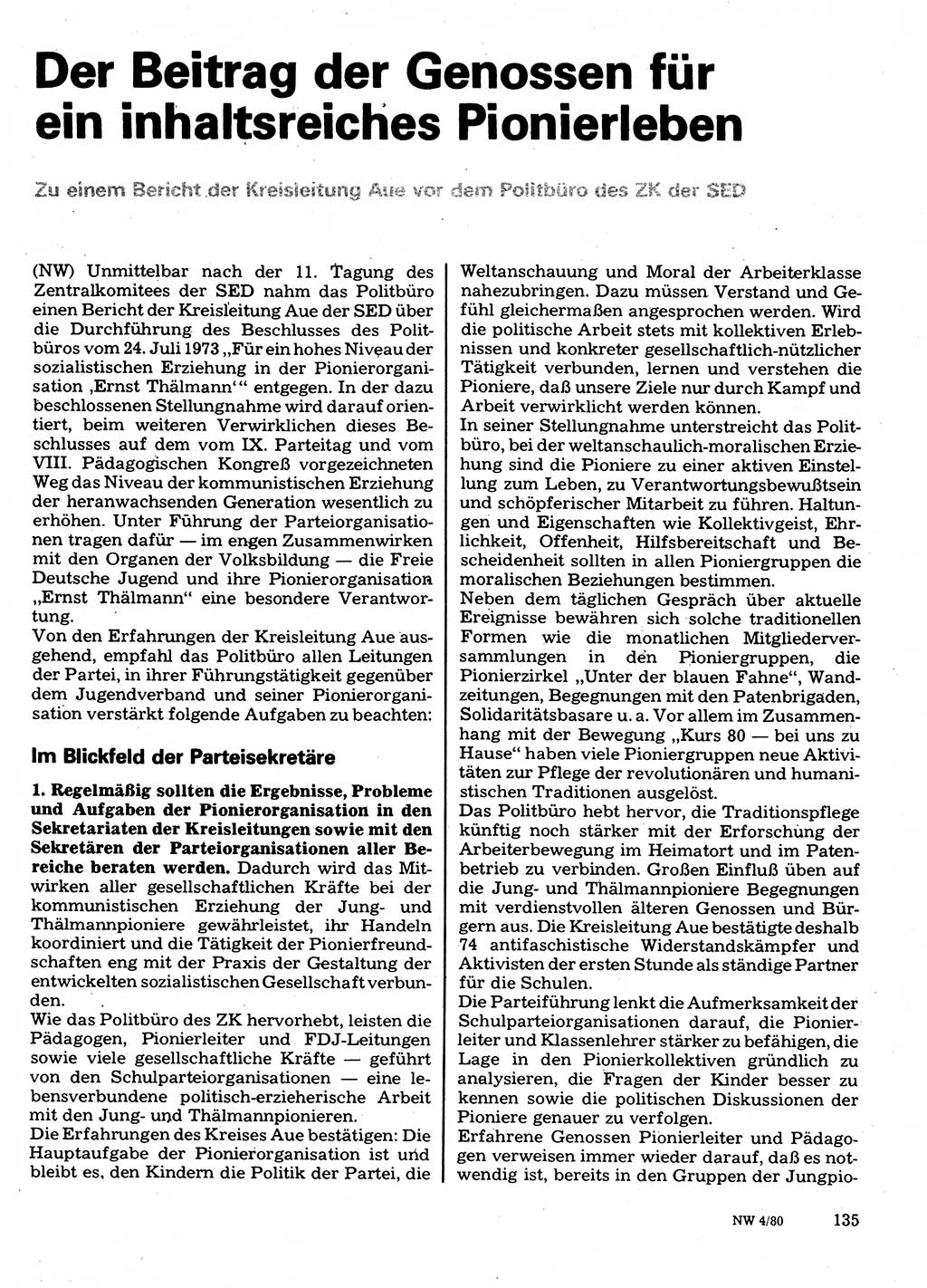Neuer Weg (NW), Organ des Zentralkomitees (ZK) der SED (Sozialistische Einheitspartei Deutschlands) für Fragen des Parteilebens, 35. Jahrgang [Deutsche Demokratische Republik (DDR)] 1980, Seite 135 (NW ZK SED DDR 1980, S. 135)