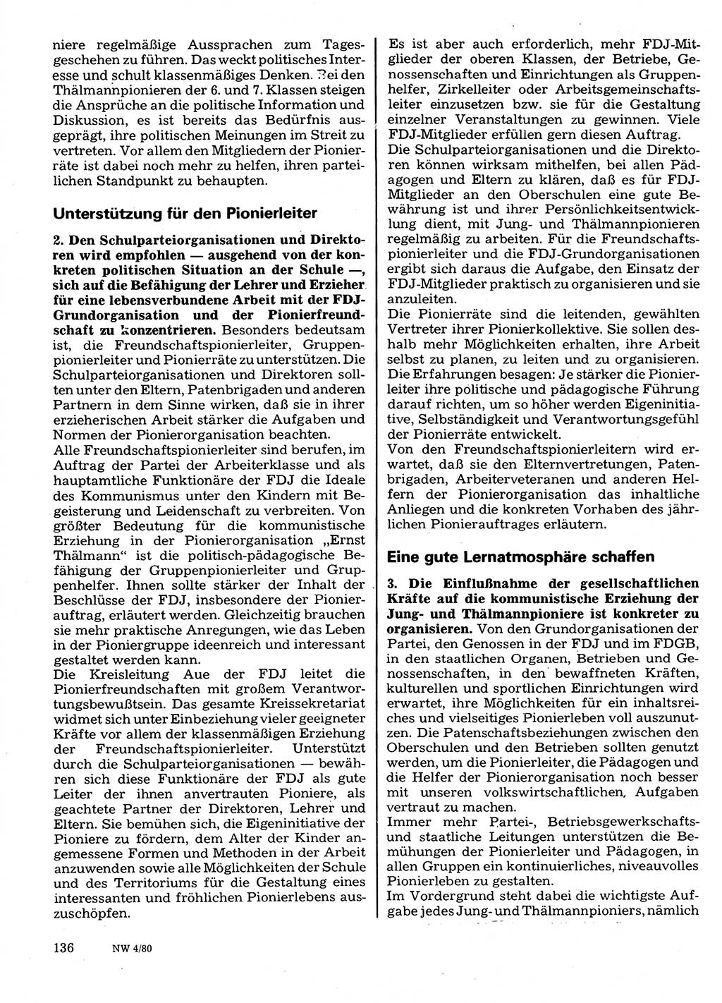 Neuer Weg (NW), Organ des Zentralkomitees (ZK) der SED (Sozialistische Einheitspartei Deutschlands) für Fragen des Parteilebens, 35. Jahrgang [Deutsche Demokratische Republik (DDR)] 1980, Seite 136 (NW ZK SED DDR 1980, S. 136)