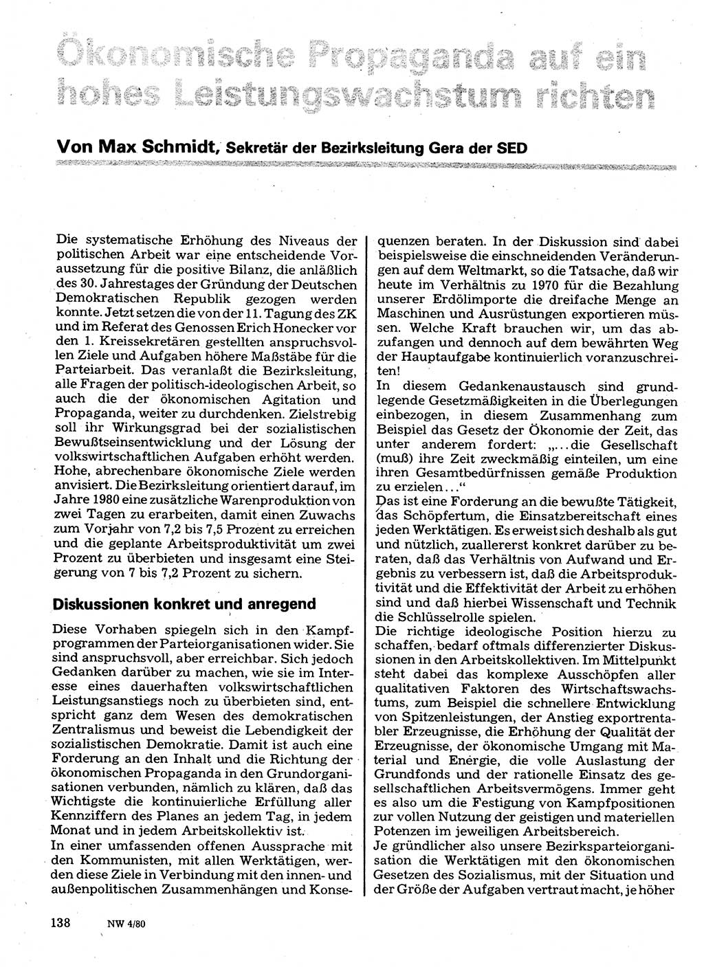 Neuer Weg (NW), Organ des Zentralkomitees (ZK) der SED (Sozialistische Einheitspartei Deutschlands) für Fragen des Parteilebens, 35. Jahrgang [Deutsche Demokratische Republik (DDR)] 1980, Seite 138 (NW ZK SED DDR 1980, S. 138)