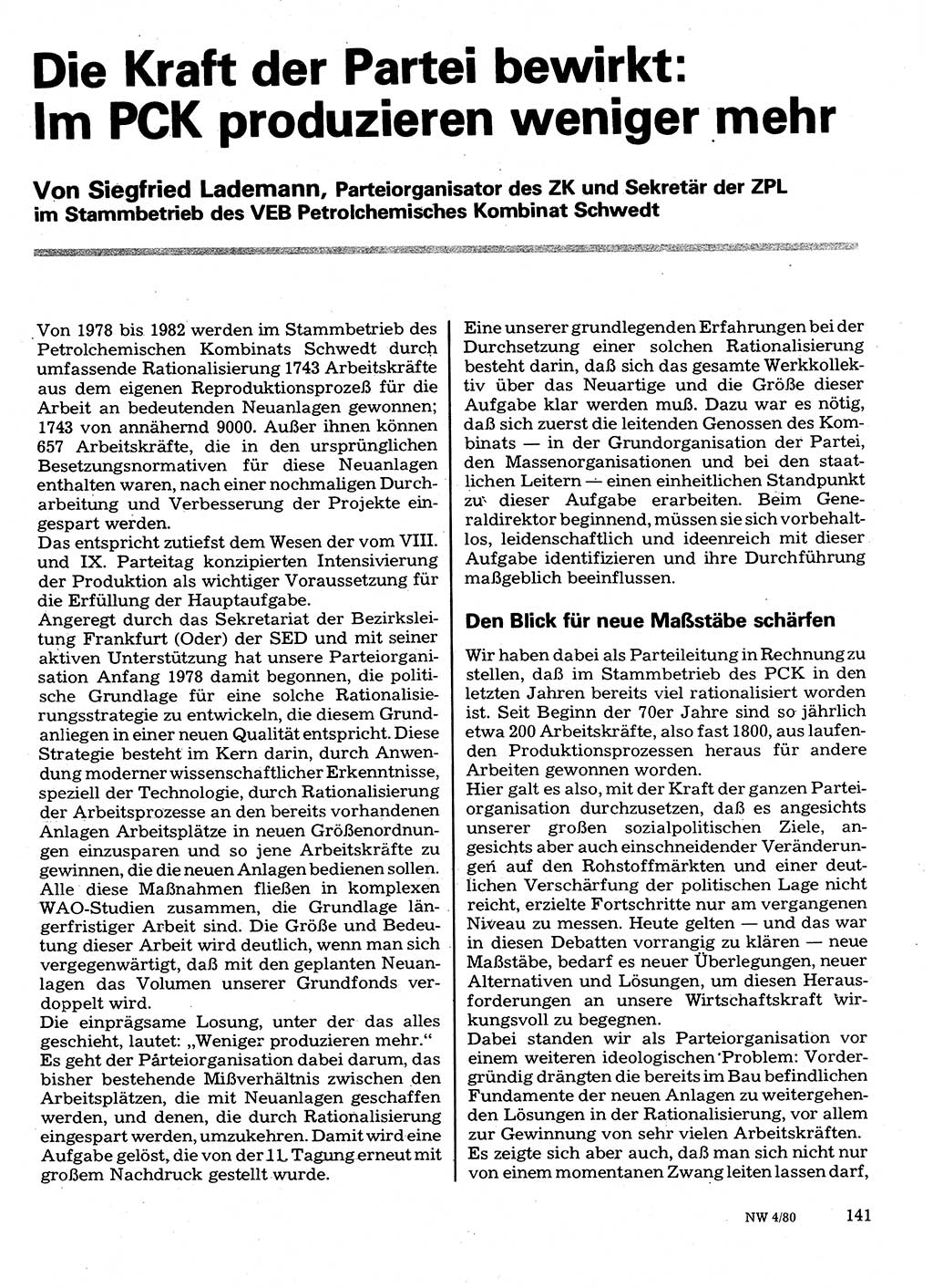 Neuer Weg (NW), Organ des Zentralkomitees (ZK) der SED (Sozialistische Einheitspartei Deutschlands) für Fragen des Parteilebens, 35. Jahrgang [Deutsche Demokratische Republik (DDR)] 1980, Seite 141 (NW ZK SED DDR 1980, S. 141)