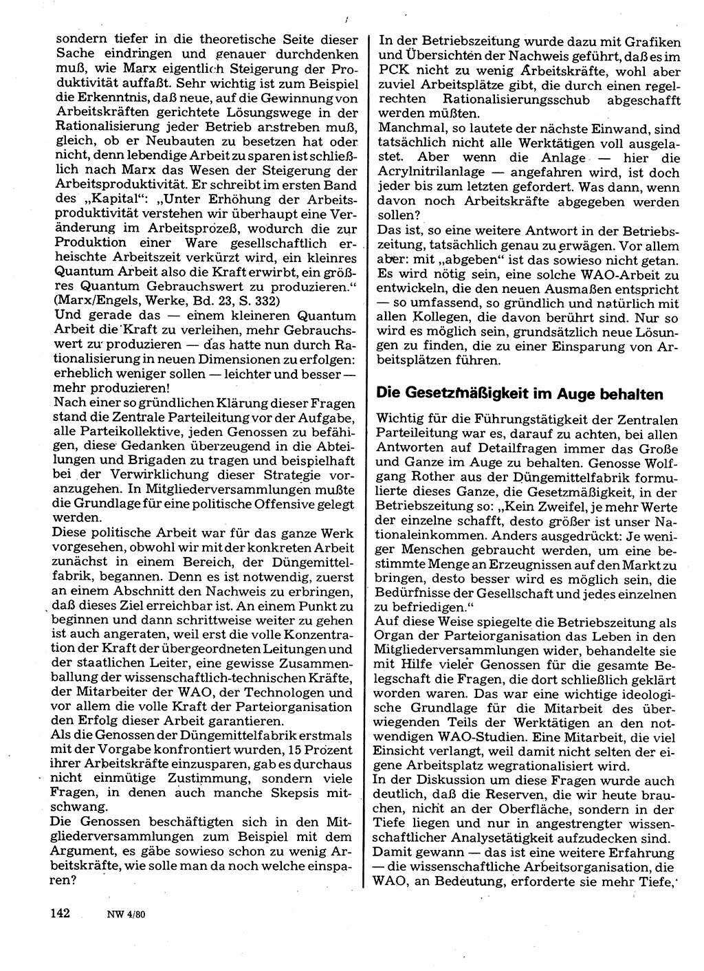 Neuer Weg (NW), Organ des Zentralkomitees (ZK) der SED (Sozialistische Einheitspartei Deutschlands) für Fragen des Parteilebens, 35. Jahrgang [Deutsche Demokratische Republik (DDR)] 1980, Seite 142 (NW ZK SED DDR 1980, S. 142)
