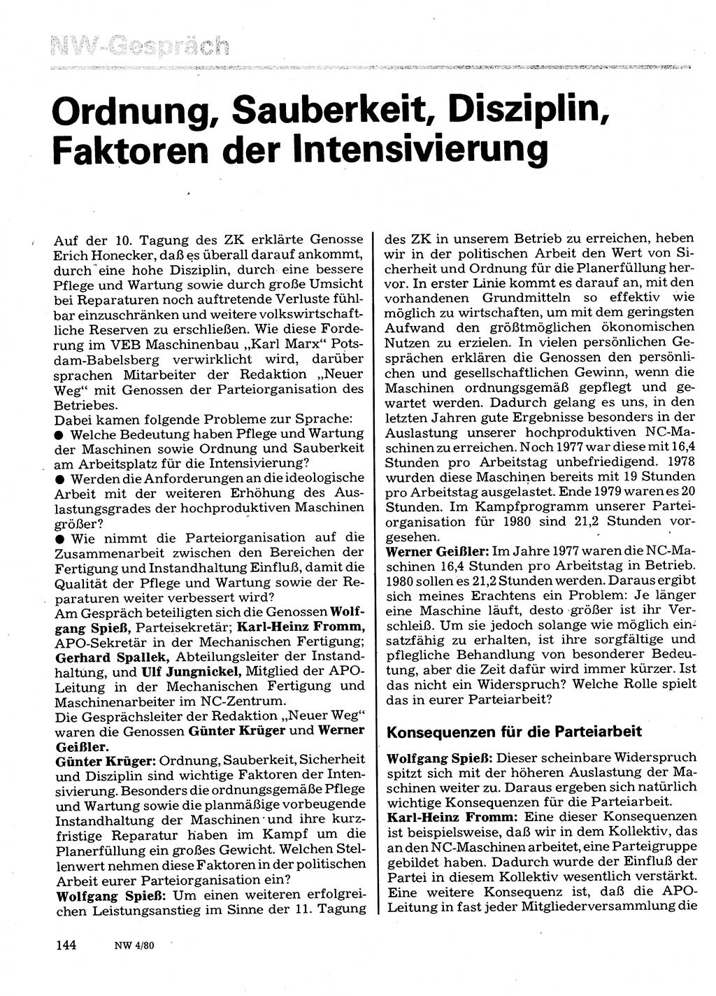 Neuer Weg (NW), Organ des Zentralkomitees (ZK) der SED (Sozialistische Einheitspartei Deutschlands) für Fragen des Parteilebens, 35. Jahrgang [Deutsche Demokratische Republik (DDR)] 1980, Seite 144 (NW ZK SED DDR 1980, S. 144)