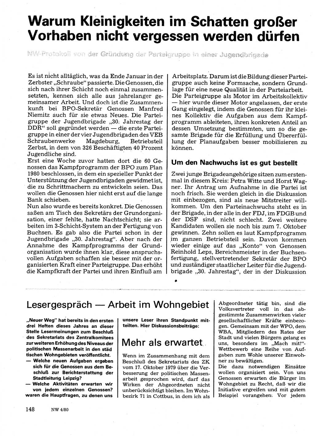 Neuer Weg (NW), Organ des Zentralkomitees (ZK) der SED (Sozialistische Einheitspartei Deutschlands) für Fragen des Parteilebens, 35. Jahrgang [Deutsche Demokratische Republik (DDR)] 1980, Seite 148 (NW ZK SED DDR 1980, S. 148)
