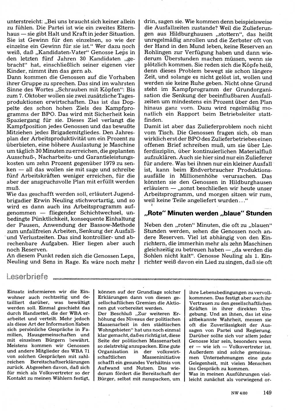 Neuer Weg (NW), Organ des Zentralkomitees (ZK) der SED (Sozialistische Einheitspartei Deutschlands) für Fragen des Parteilebens, 35. Jahrgang [Deutsche Demokratische Republik (DDR)] 1980, Seite 149 (NW ZK SED DDR 1980, S. 149)