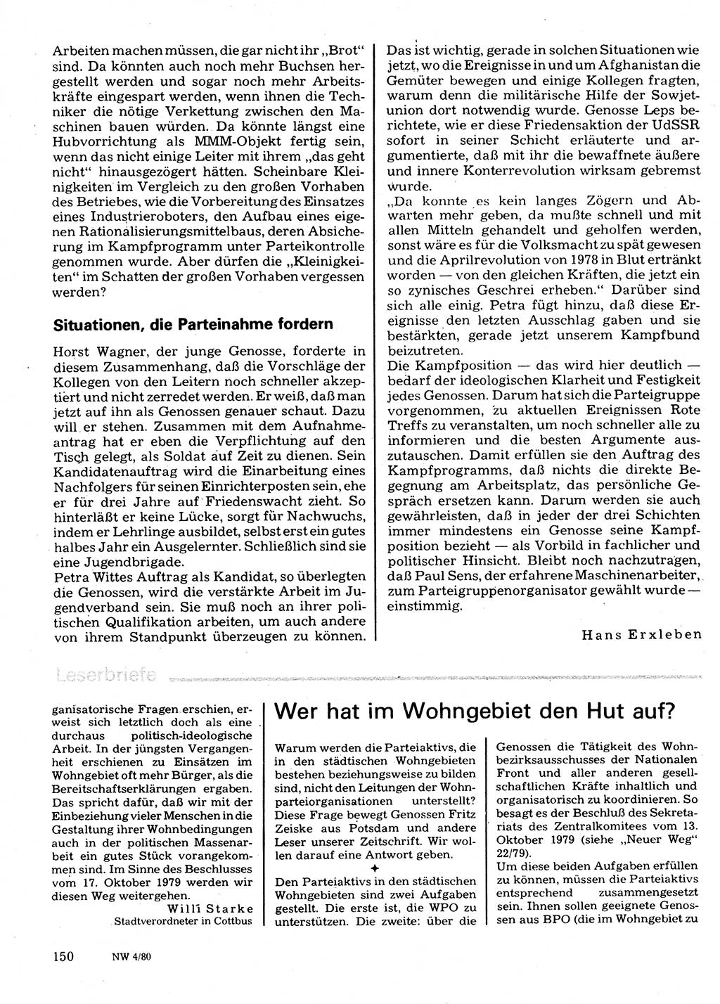 Neuer Weg (NW), Organ des Zentralkomitees (ZK) der SED (Sozialistische Einheitspartei Deutschlands) für Fragen des Parteilebens, 35. Jahrgang [Deutsche Demokratische Republik (DDR)] 1980, Seite 150 (NW ZK SED DDR 1980, S. 150)