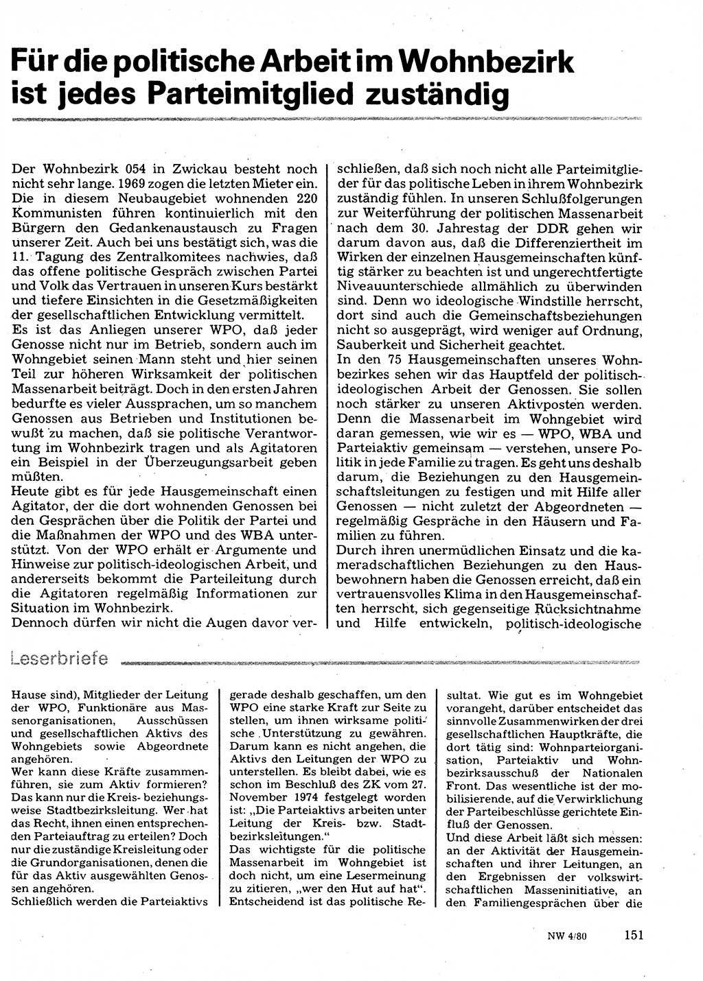 Neuer Weg (NW), Organ des Zentralkomitees (ZK) der SED (Sozialistische Einheitspartei Deutschlands) für Fragen des Parteilebens, 35. Jahrgang [Deutsche Demokratische Republik (DDR)] 1980, Seite 151 (NW ZK SED DDR 1980, S. 151)