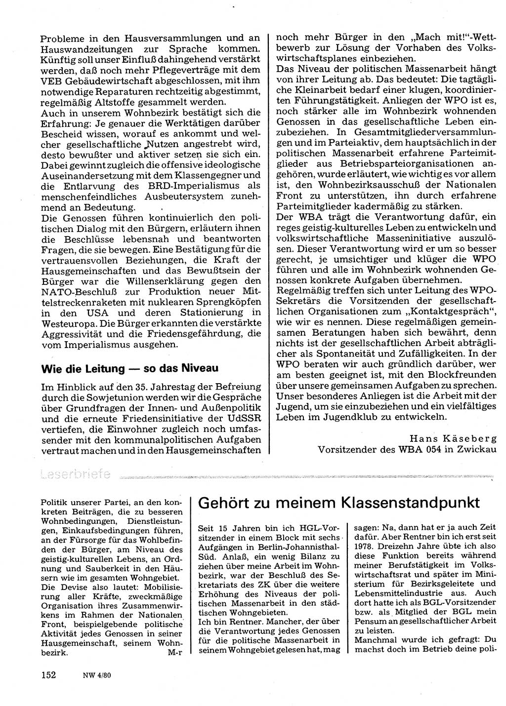 Neuer Weg (NW), Organ des Zentralkomitees (ZK) der SED (Sozialistische Einheitspartei Deutschlands) für Fragen des Parteilebens, 35. Jahrgang [Deutsche Demokratische Republik (DDR)] 1980, Seite 152 (NW ZK SED DDR 1980, S. 152)
