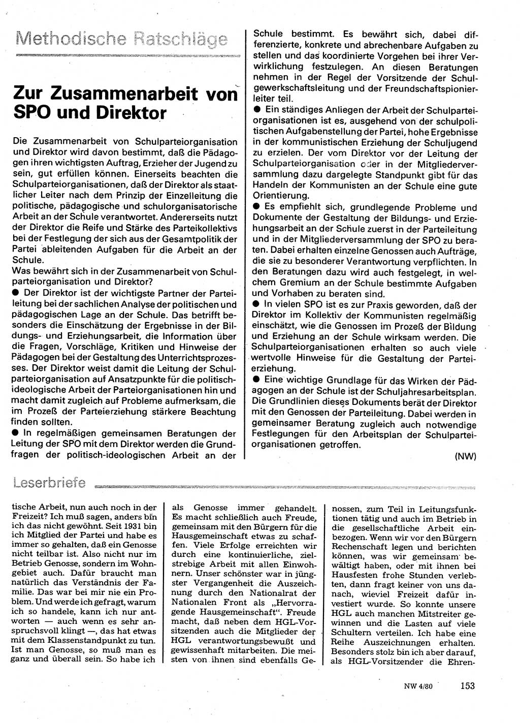 Neuer Weg (NW), Organ des Zentralkomitees (ZK) der SED (Sozialistische Einheitspartei Deutschlands) für Fragen des Parteilebens, 35. Jahrgang [Deutsche Demokratische Republik (DDR)] 1980, Seite 153 (NW ZK SED DDR 1980, S. 153)