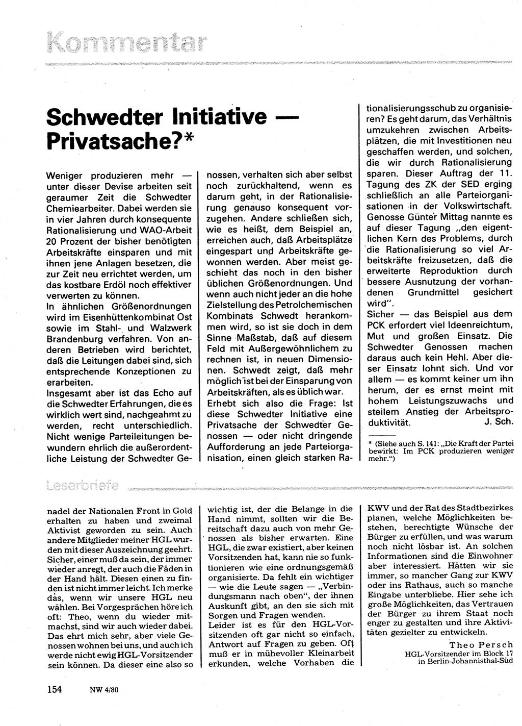 Neuer Weg (NW), Organ des Zentralkomitees (ZK) der SED (Sozialistische Einheitspartei Deutschlands) für Fragen des Parteilebens, 35. Jahrgang [Deutsche Demokratische Republik (DDR)] 1980, Seite 154 (NW ZK SED DDR 1980, S. 154)