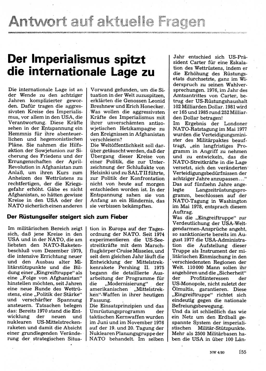 Neuer Weg (NW), Organ des Zentralkomitees (ZK) der SED (Sozialistische Einheitspartei Deutschlands) für Fragen des Parteilebens, 35. Jahrgang [Deutsche Demokratische Republik (DDR)] 1980, Seite 155 (NW ZK SED DDR 1980, S. 155)