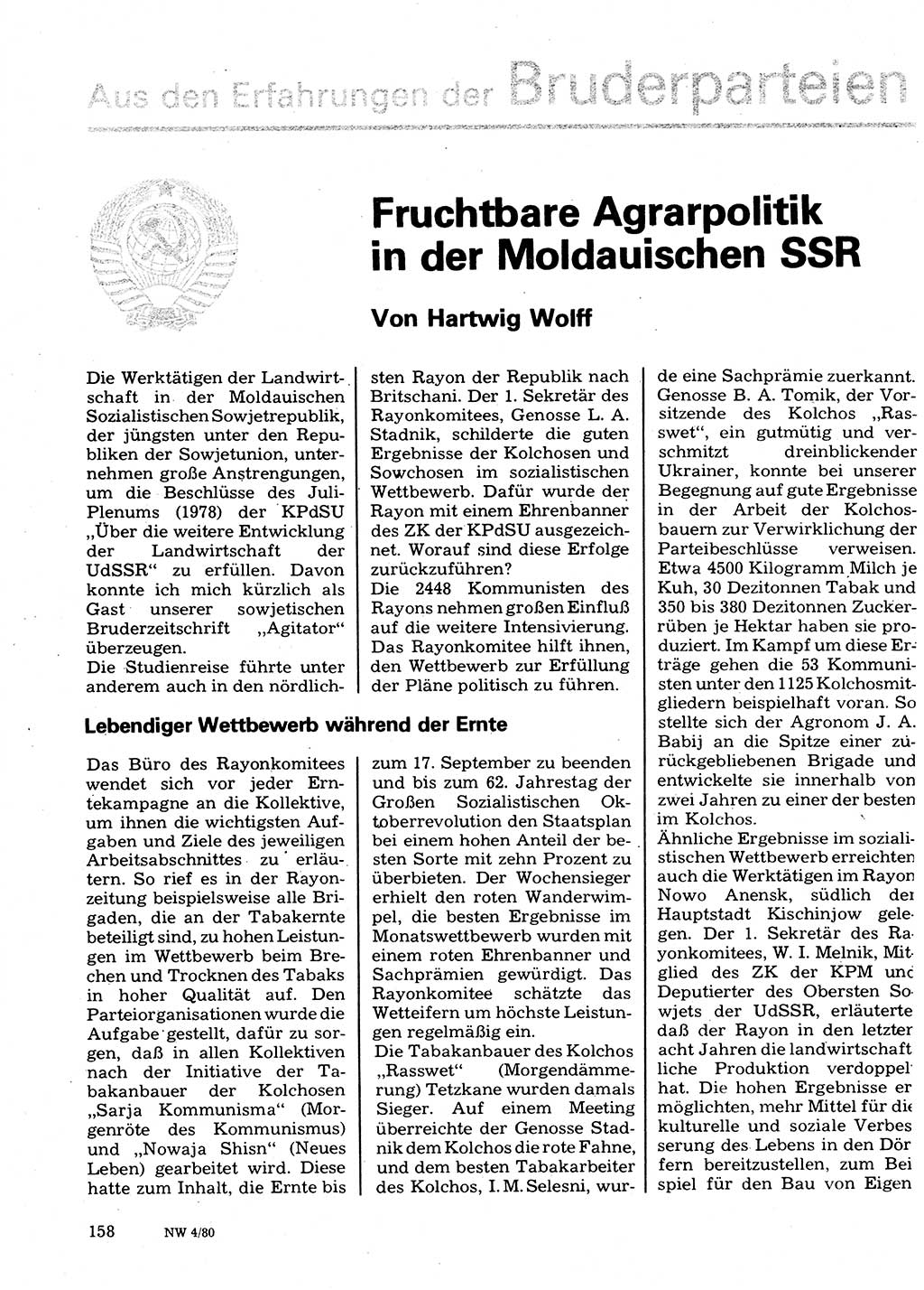 Neuer Weg (NW), Organ des Zentralkomitees (ZK) der SED (Sozialistische Einheitspartei Deutschlands) für Fragen des Parteilebens, 35. Jahrgang [Deutsche Demokratische Republik (DDR)] 1980, Seite 158 (NW ZK SED DDR 1980, S. 158)