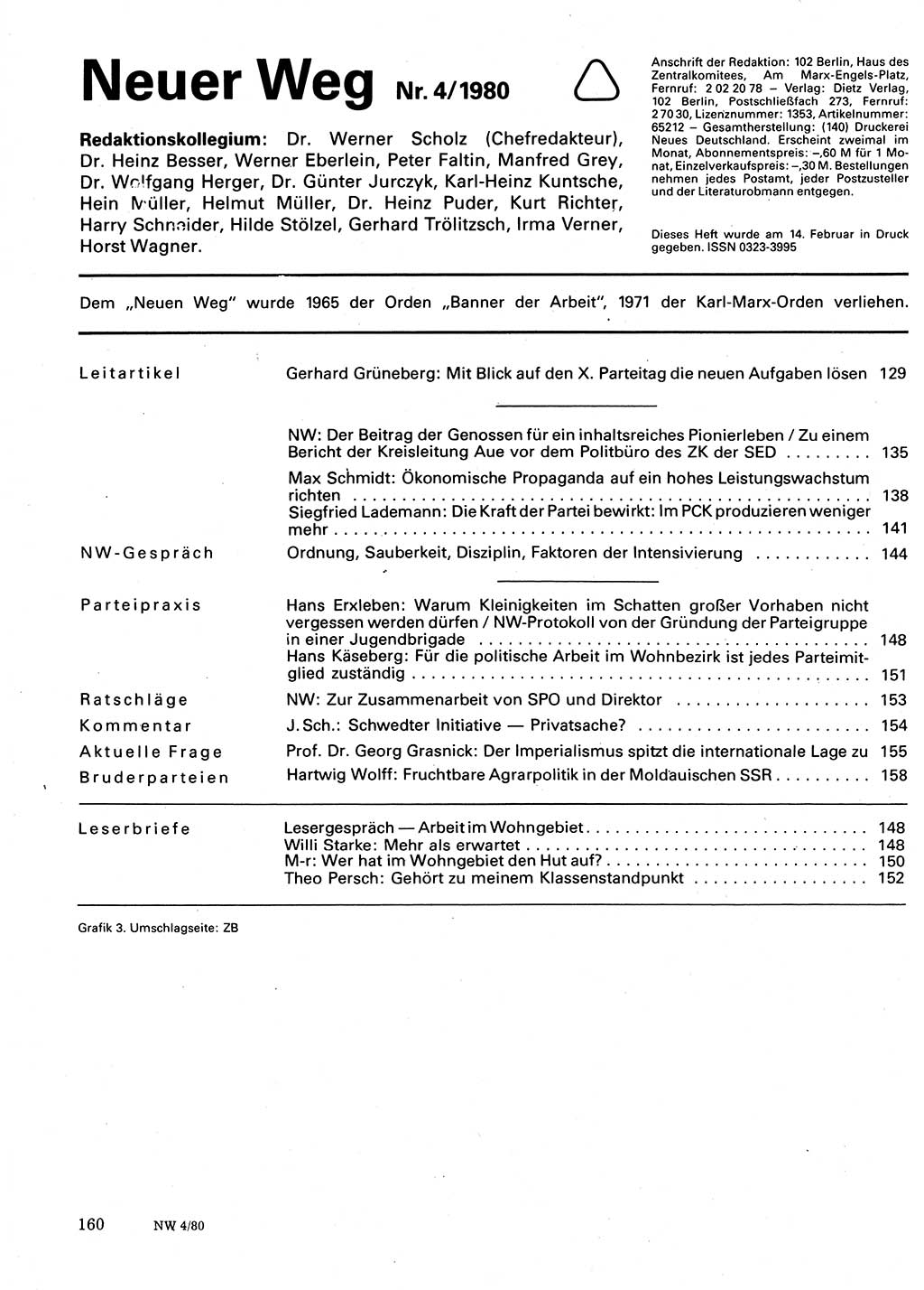 Neuer Weg (NW), Organ des Zentralkomitees (ZK) der SED (Sozialistische Einheitspartei Deutschlands) für Fragen des Parteilebens, 35. Jahrgang [Deutsche Demokratische Republik (DDR)] 1980, Seite 160 (NW ZK SED DDR 1980, S. 160)