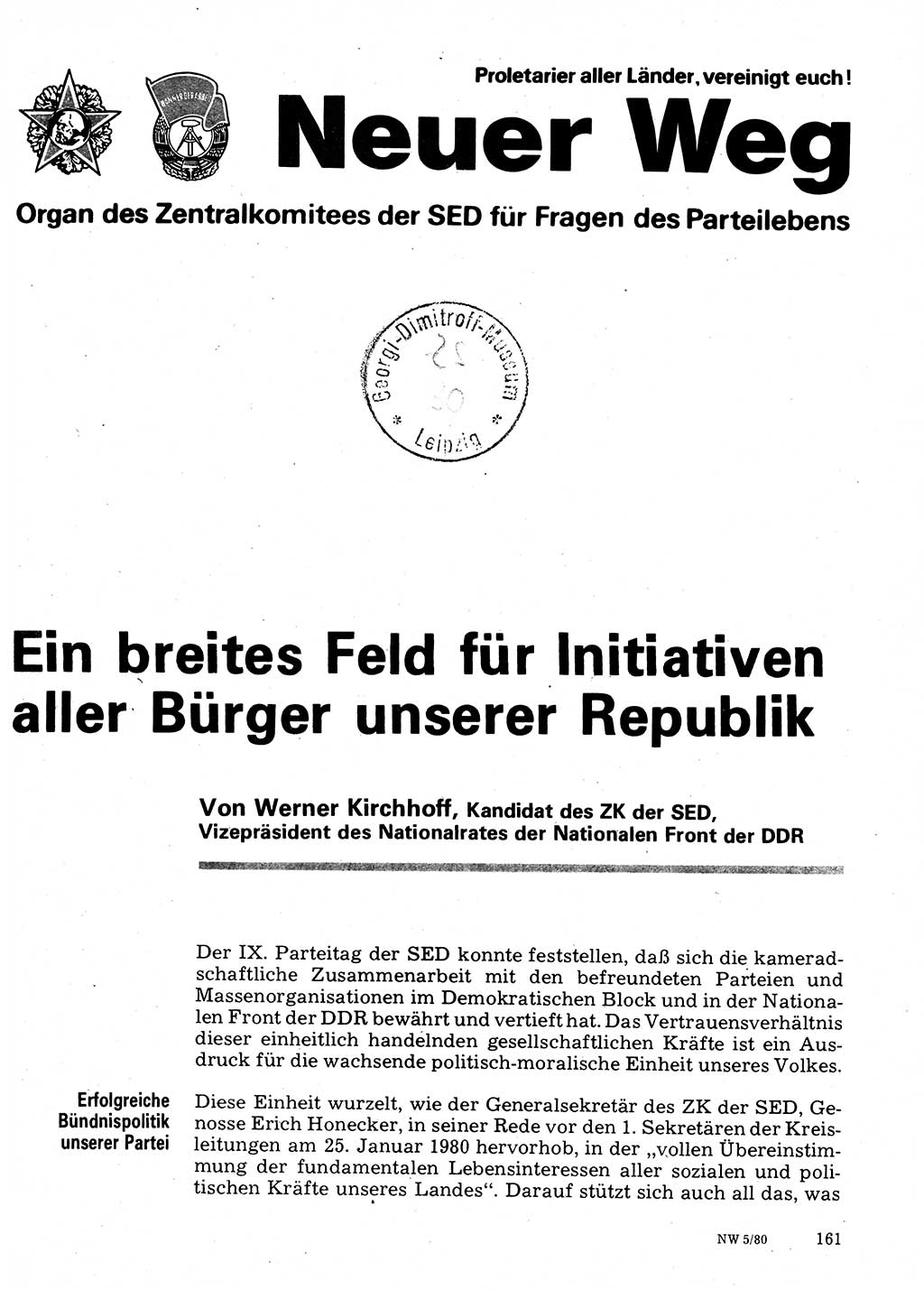 Neuer Weg (NW), Organ des Zentralkomitees (ZK) der SED (Sozialistische Einheitspartei Deutschlands) für Fragen des Parteilebens, 35. Jahrgang [Deutsche Demokratische Republik (DDR)] 1980, Seite 161 (NW ZK SED DDR 1980, S. 161)