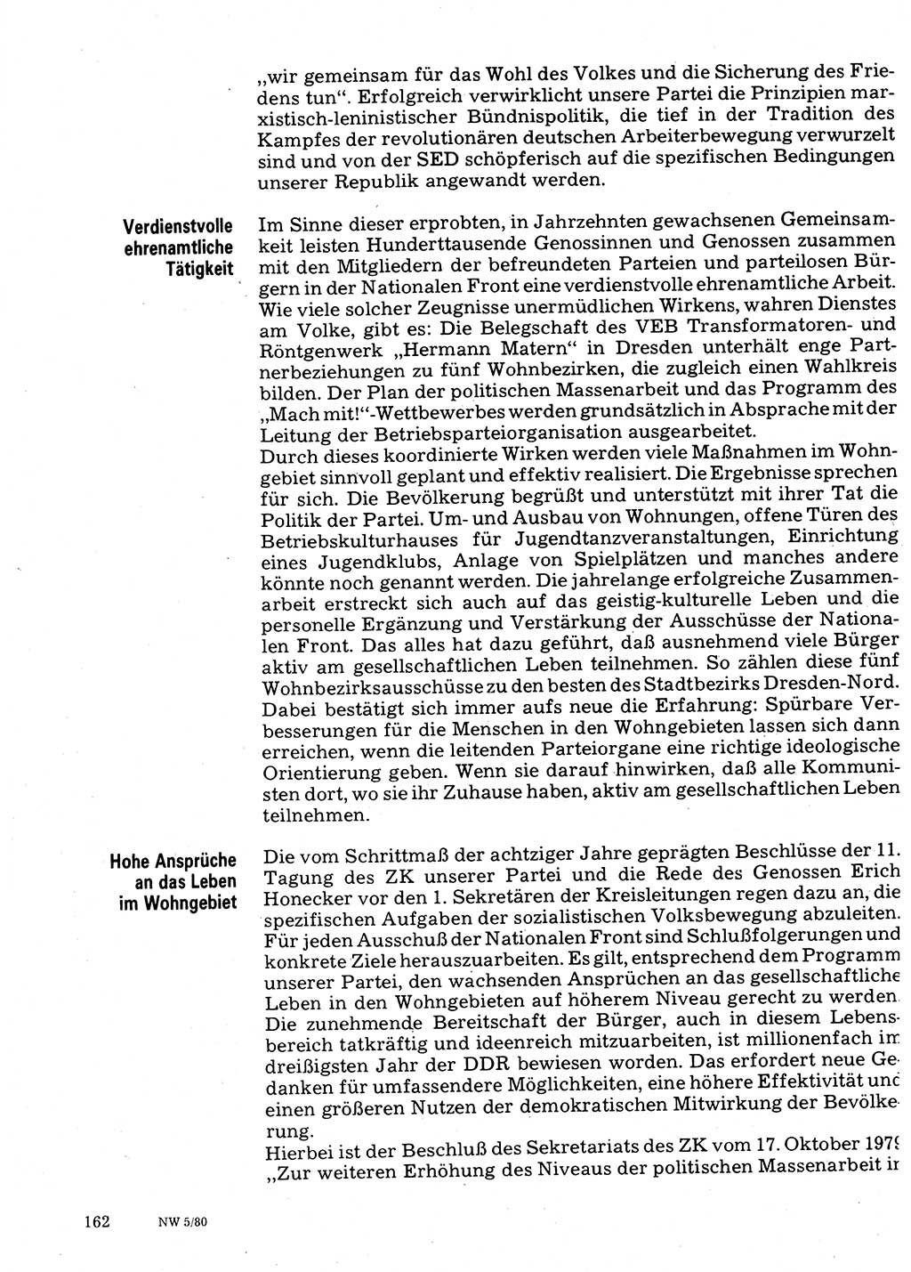 Neuer Weg (NW), Organ des Zentralkomitees (ZK) der SED (Sozialistische Einheitspartei Deutschlands) für Fragen des Parteilebens, 35. Jahrgang [Deutsche Demokratische Republik (DDR)] 1980, Seite 162 (NW ZK SED DDR 1980, S. 162)