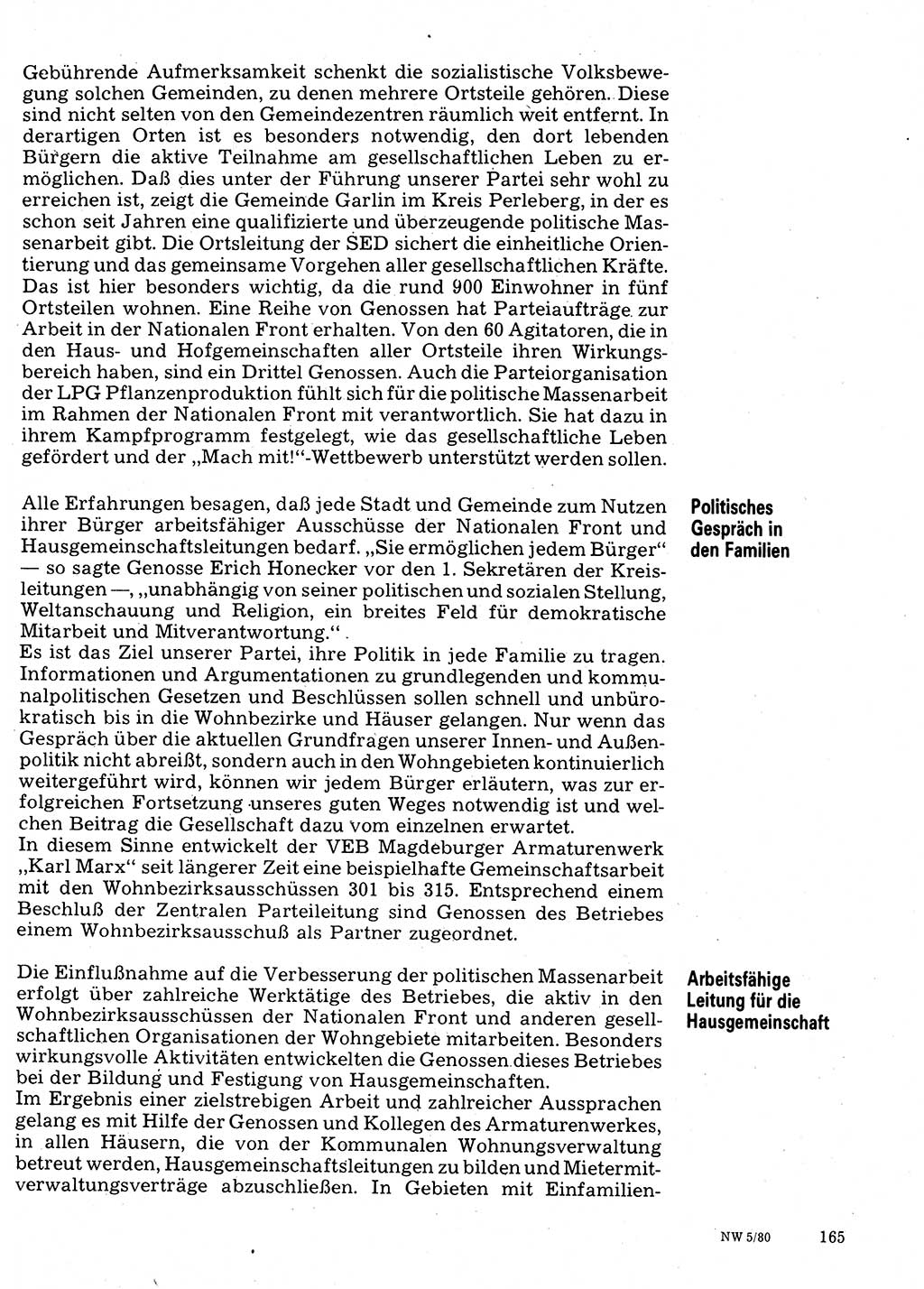 Neuer Weg (NW), Organ des Zentralkomitees (ZK) der SED (Sozialistische Einheitspartei Deutschlands) für Fragen des Parteilebens, 35. Jahrgang [Deutsche Demokratische Republik (DDR)] 1980, Seite 165 (NW ZK SED DDR 1980, S. 165)