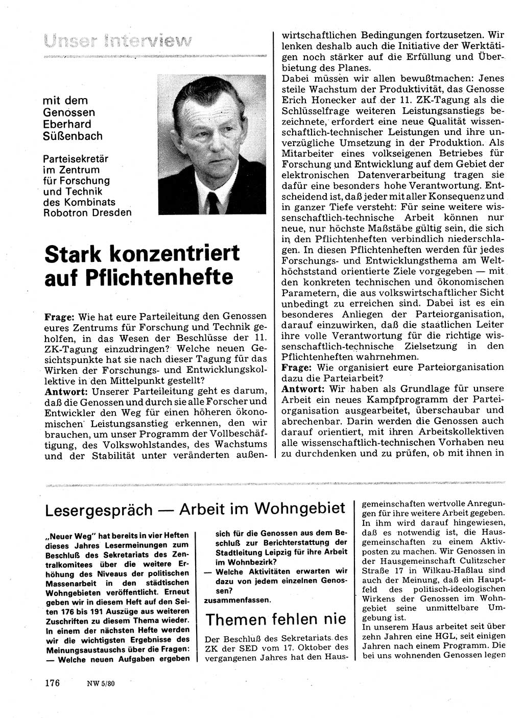 Neuer Weg (NW), Organ des Zentralkomitees (ZK) der SED (Sozialistische Einheitspartei Deutschlands) für Fragen des Parteilebens, 35. Jahrgang [Deutsche Demokratische Republik (DDR)] 1980, Seite 176 (NW ZK SED DDR 1980, S. 176)